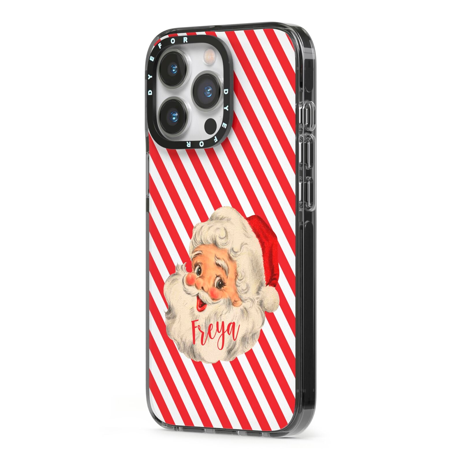 Vintage Santa Personalised iPhone 13 Pro Black Impact Case Side Angle on Silver phone