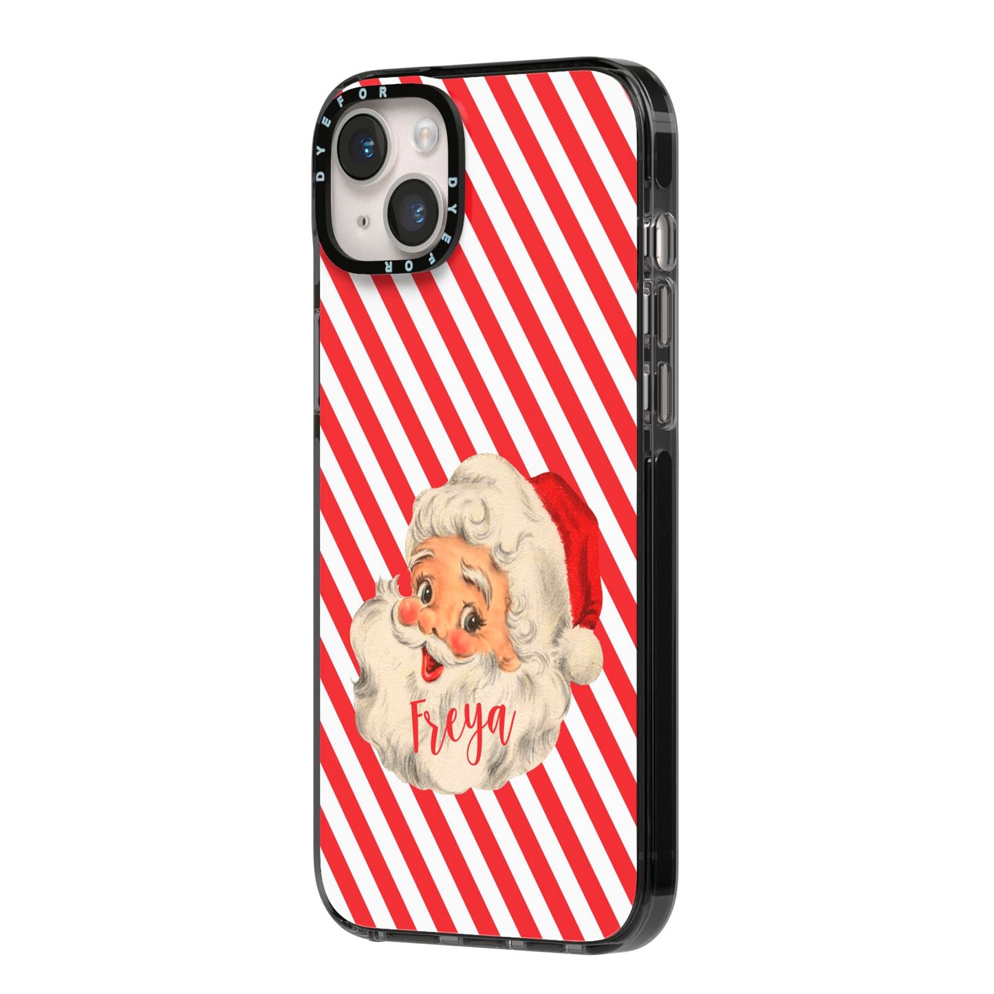 Vintage Santa Personalised iPhone 14 Plus Black Impact Case Side Angle on Silver phone