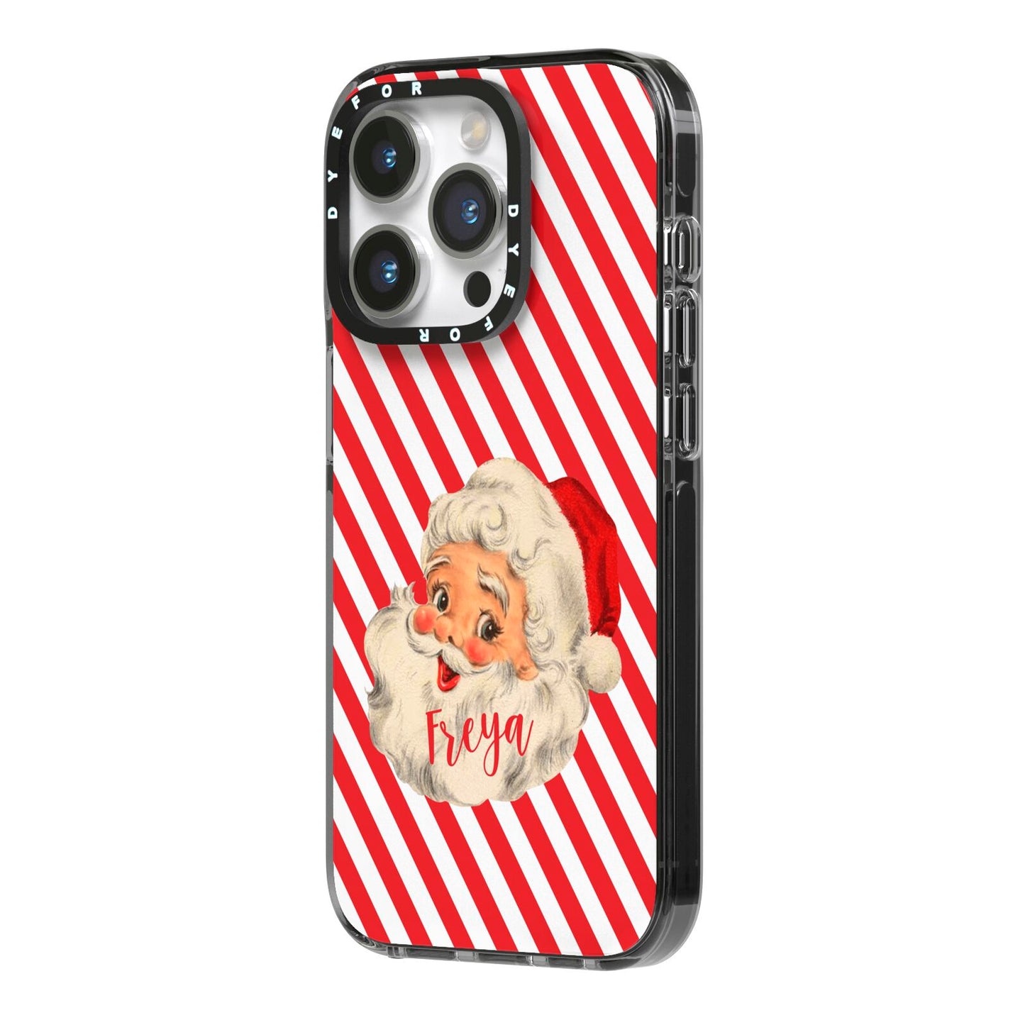 Vintage Santa Personalised iPhone 14 Pro Black Impact Case Side Angle on Silver phone