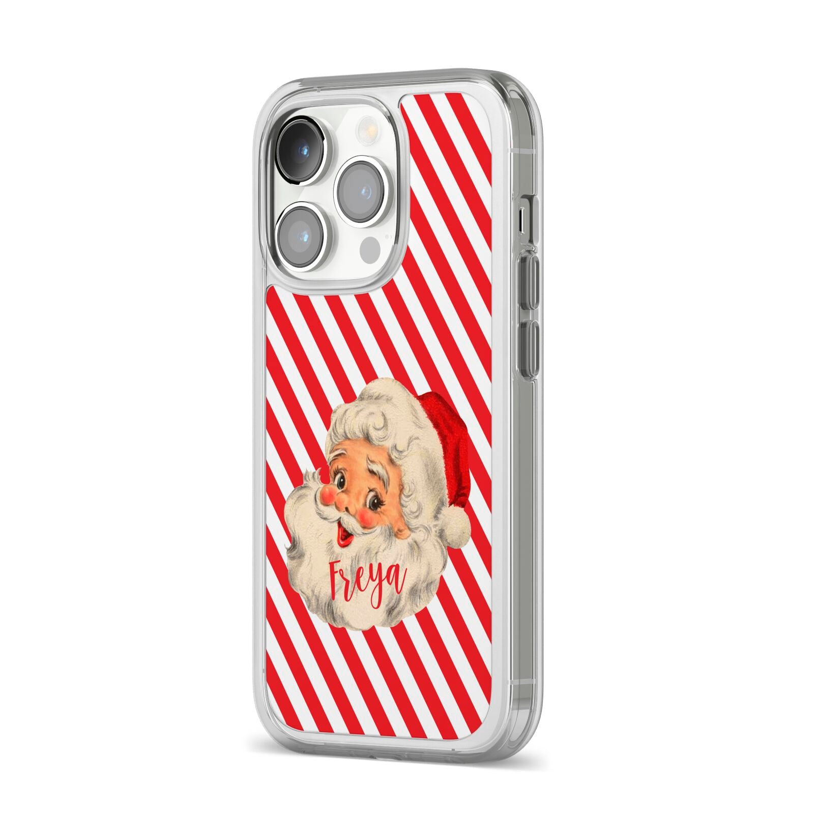 Vintage Santa Personalised iPhone 14 Pro Clear Tough Case Silver Angled Image