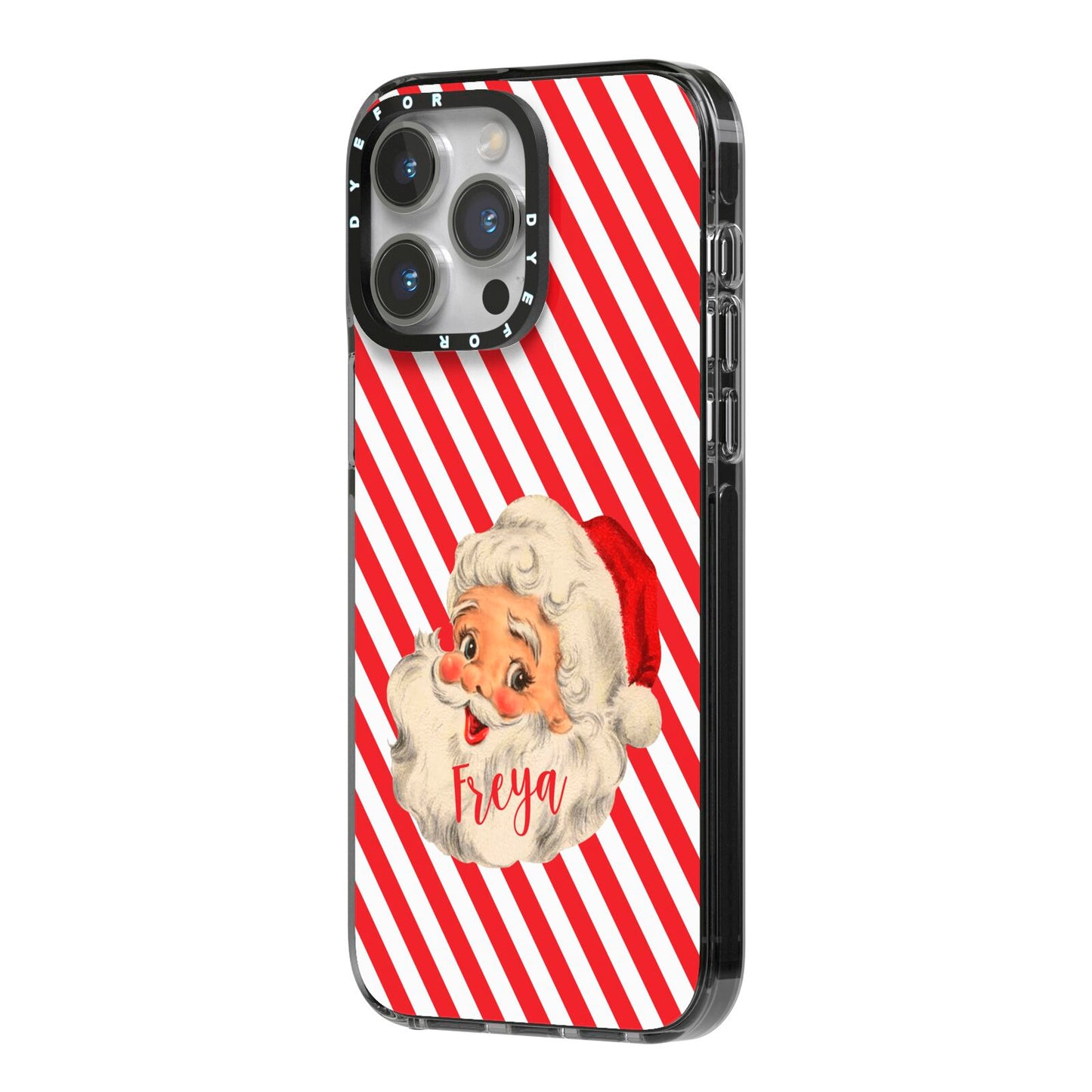 Vintage Santa Personalised iPhone 14 Pro Max Black Impact Case Side Angle on Silver phone