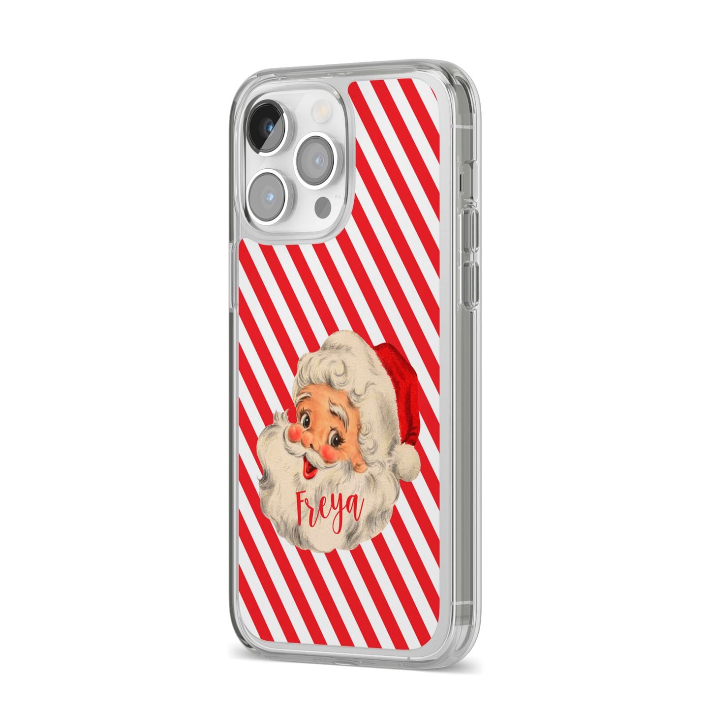 Vintage Santa Personalised iPhone 14 Pro Max Clear Tough Case Silver Angled Image