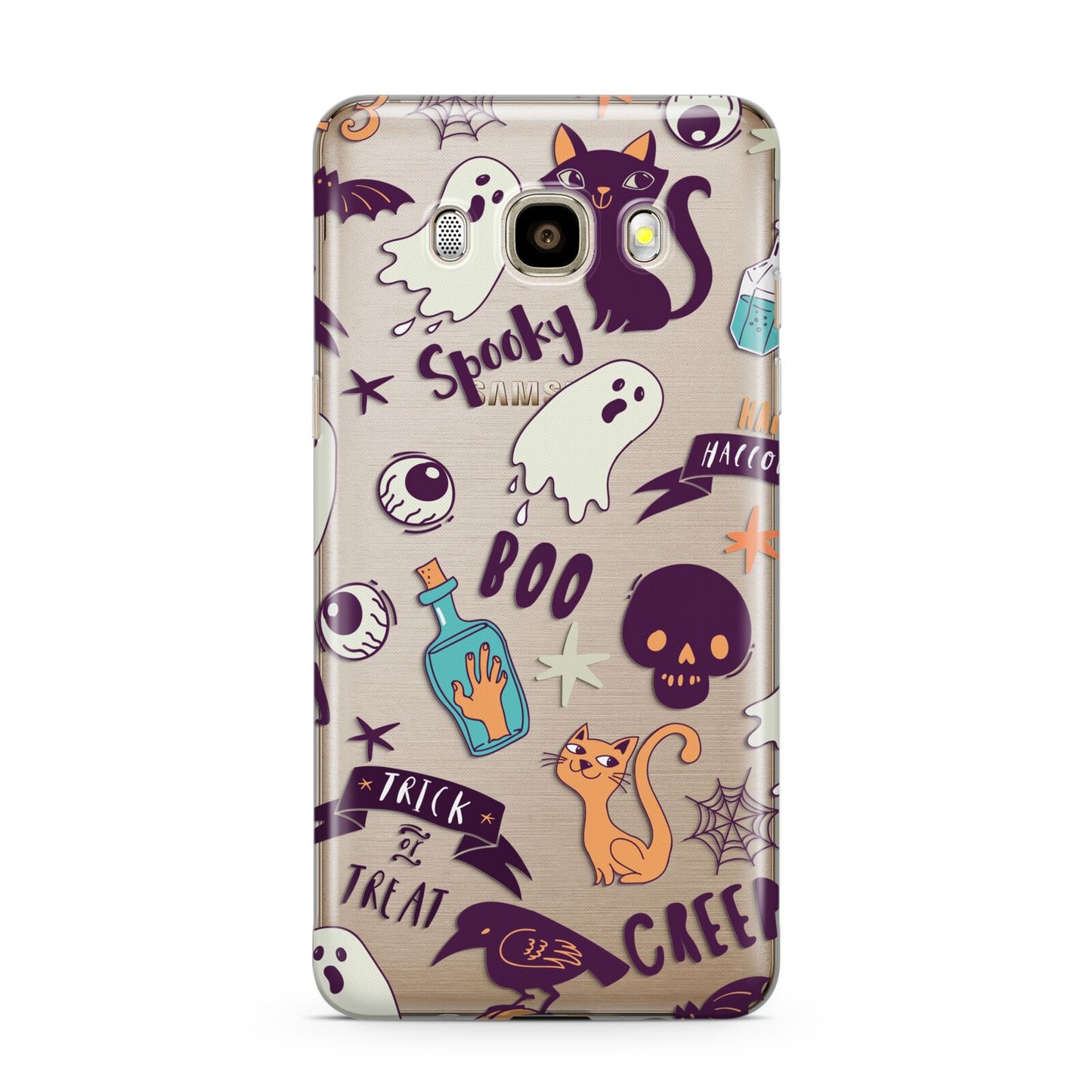 Wacky Purple and Orange Halloween Images Samsung Galaxy J7 2016 Case on gold phone