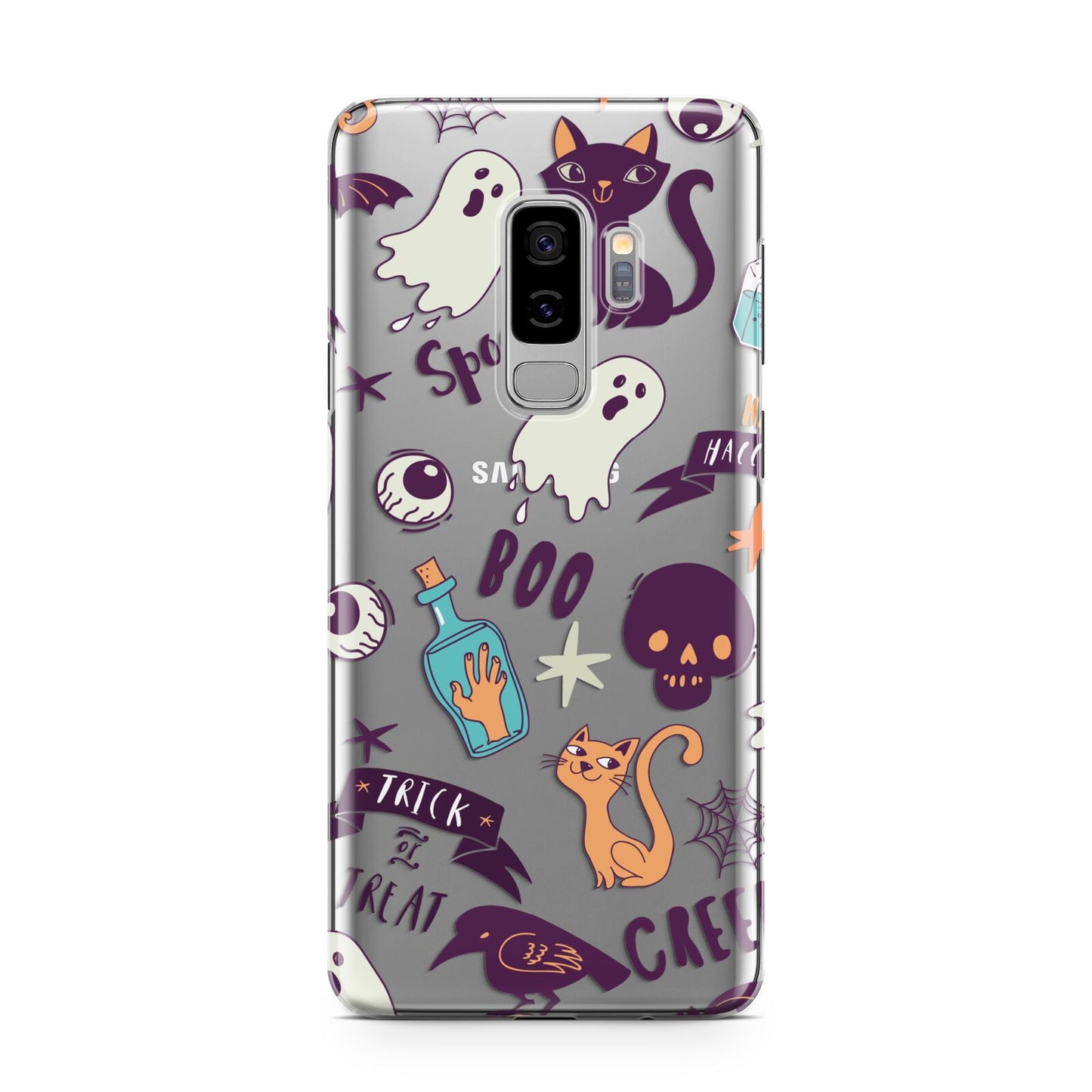 Wacky Purple and Orange Halloween Images Samsung Galaxy S9 Plus Case on Silver phone