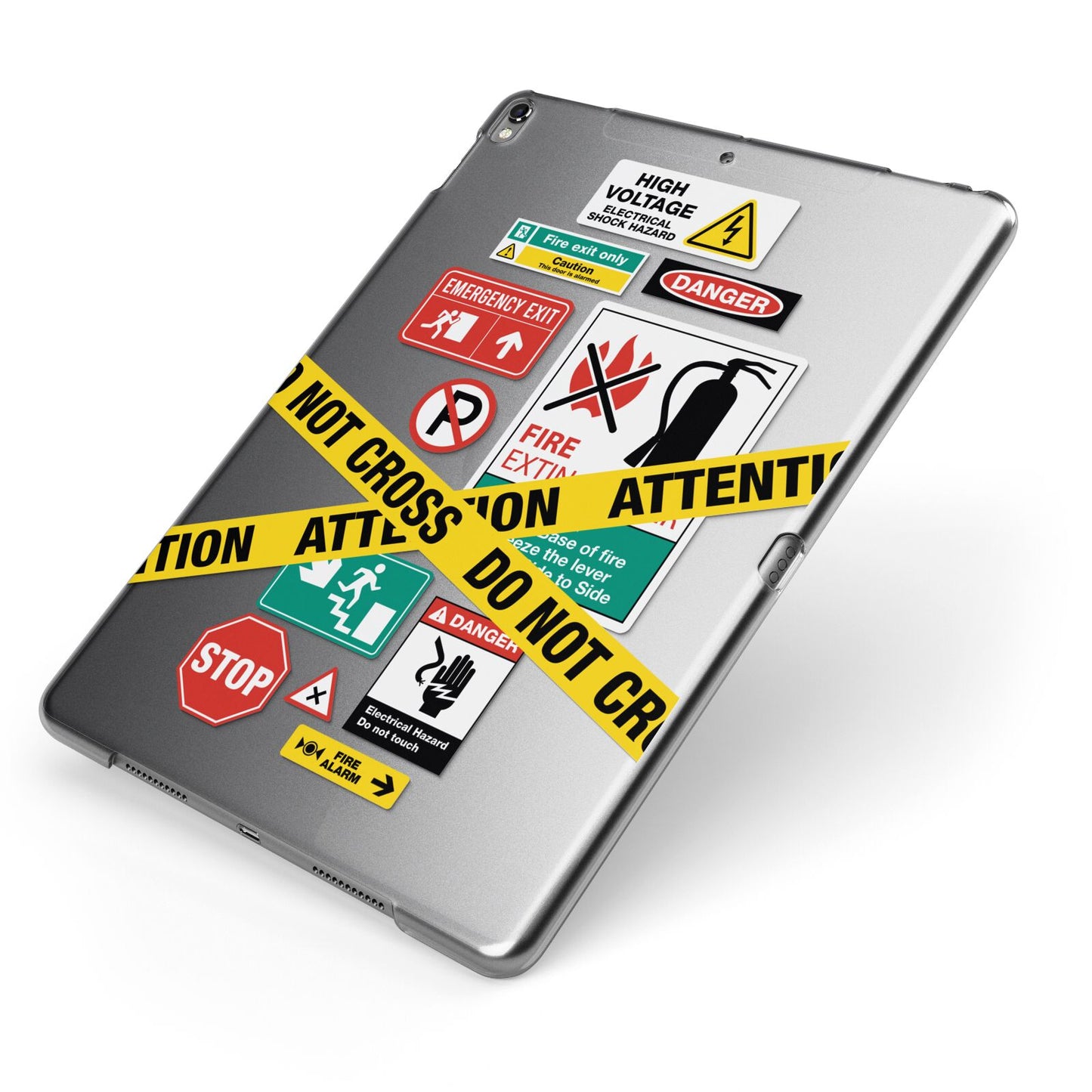 Warning Labels Apple iPad Case on Grey iPad Side View