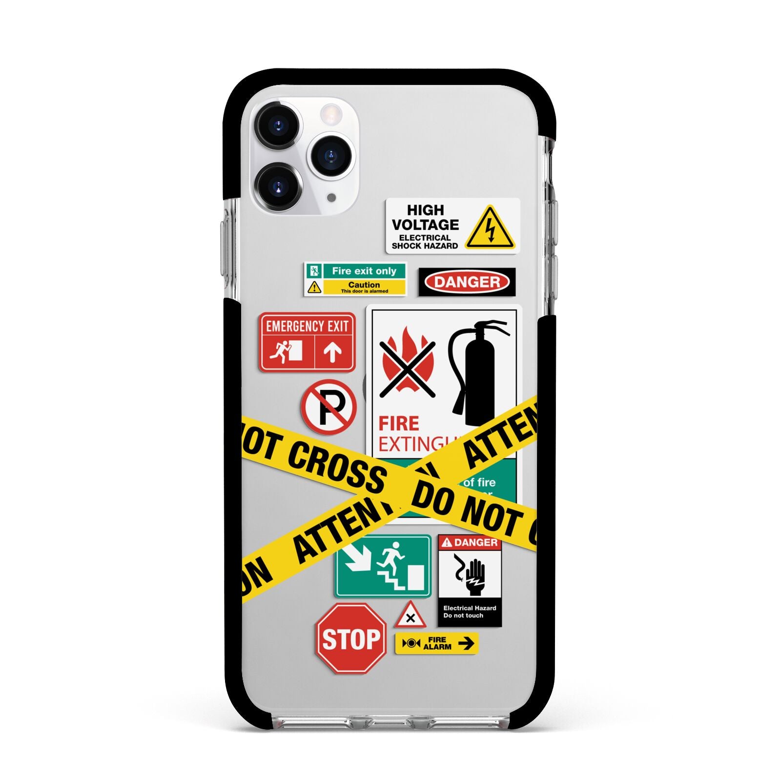 Warning Labels Apple iPhone 11 Pro Max in Silver with Black Impact Case