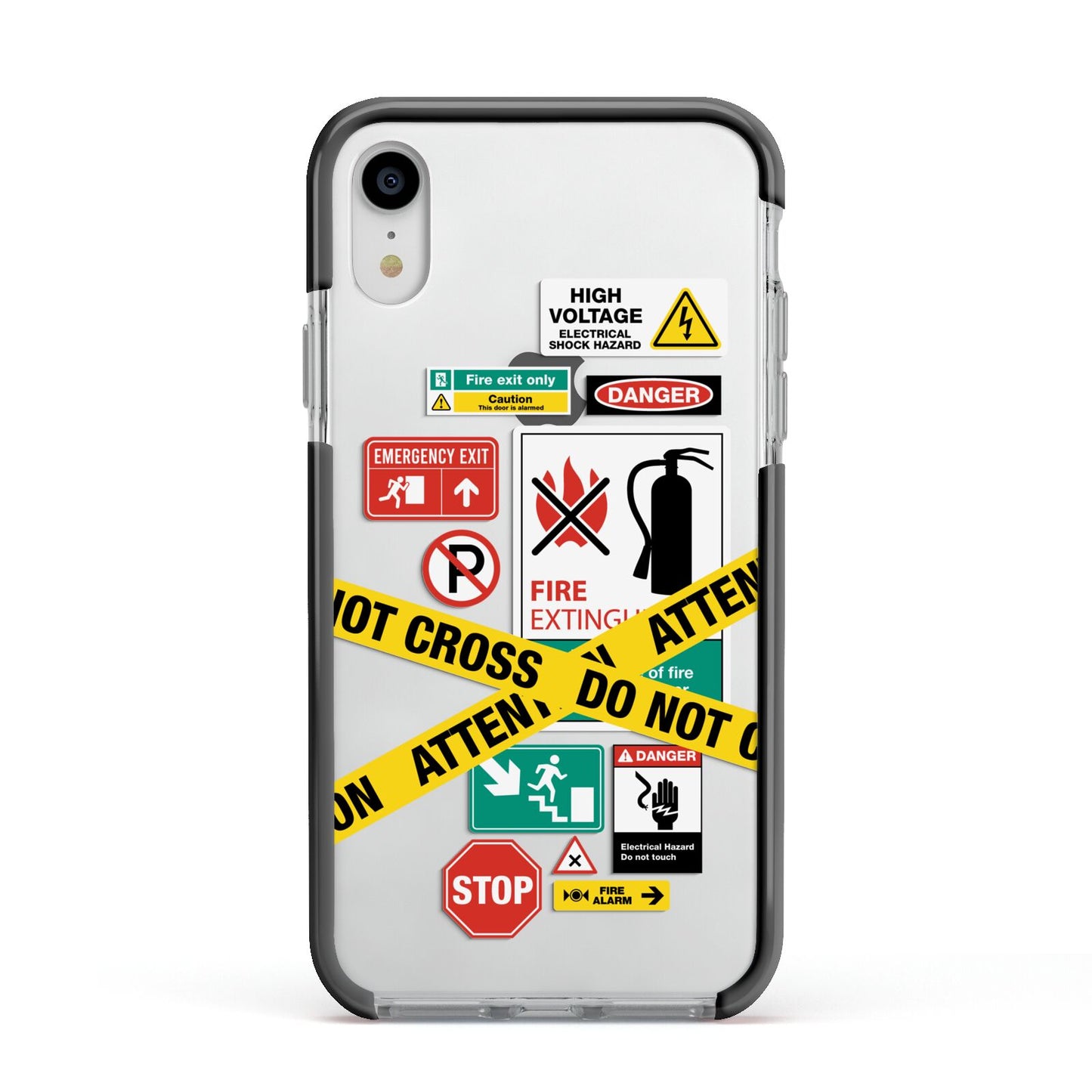 Warning Labels Apple iPhone XR Impact Case Black Edge on Silver Phone