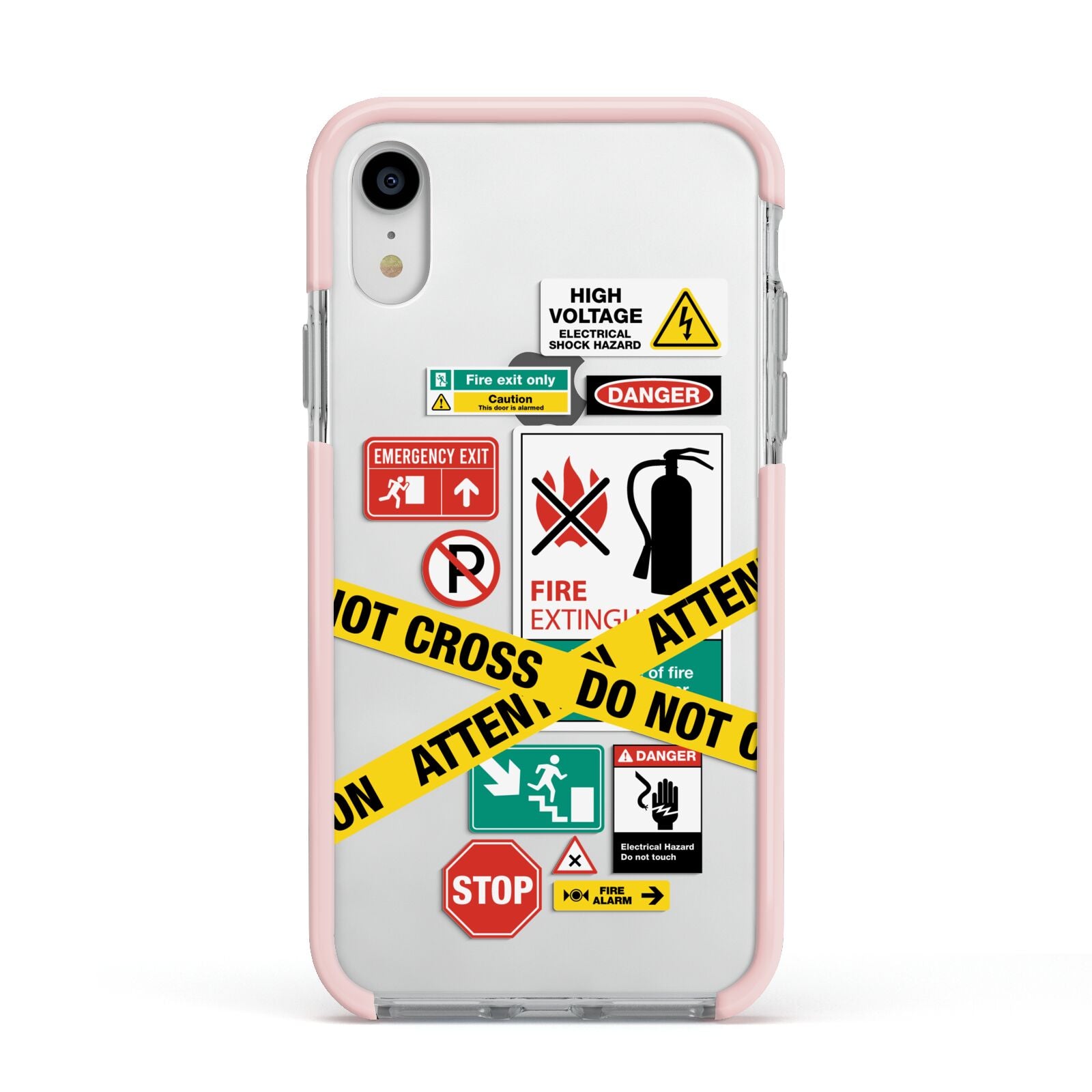 Warning Labels Apple iPhone XR Impact Case Pink Edge on Silver Phone