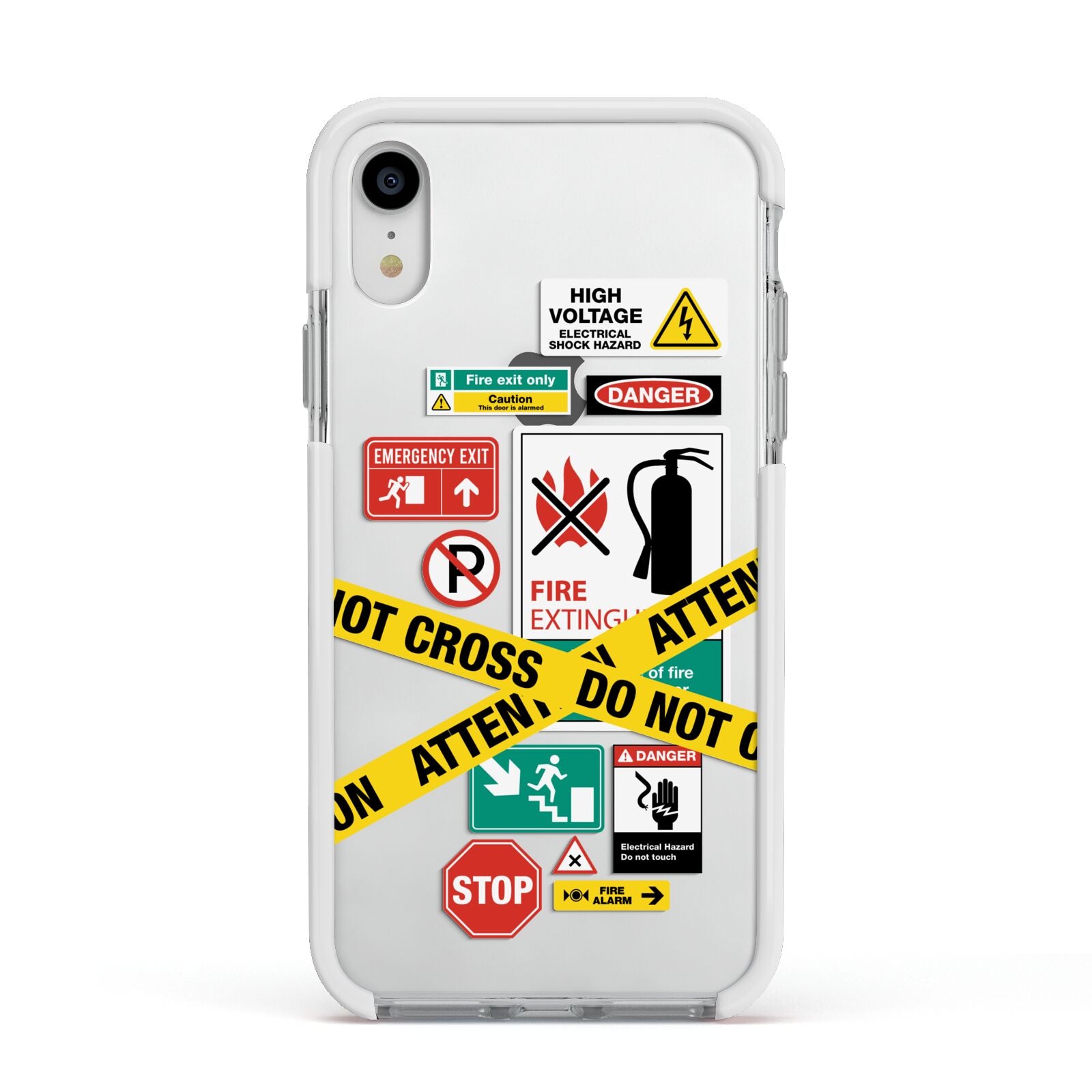 Warning Labels Apple iPhone XR Impact Case White Edge on Silver Phone