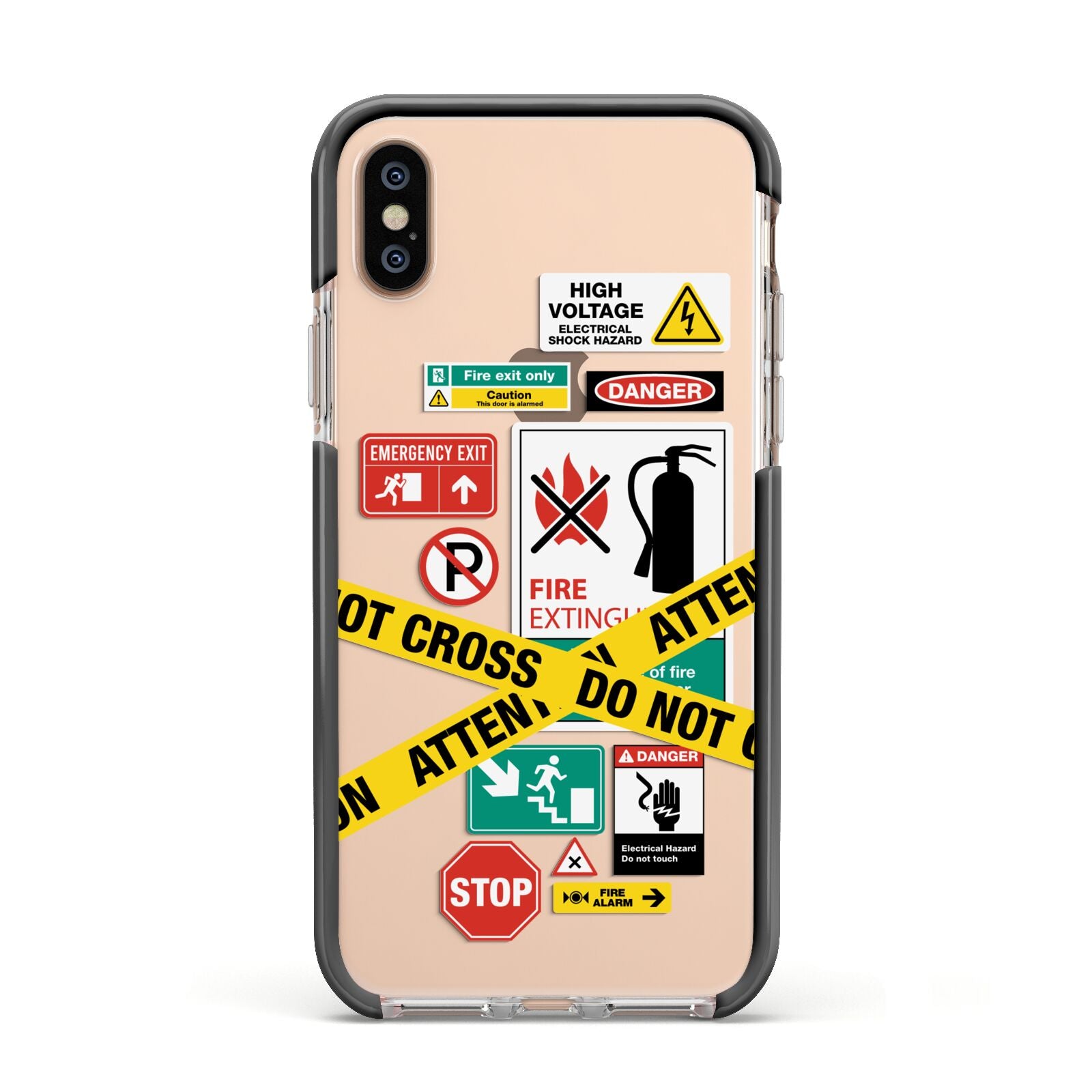 Warning Labels Apple iPhone Xs Impact Case Black Edge on Gold Phone