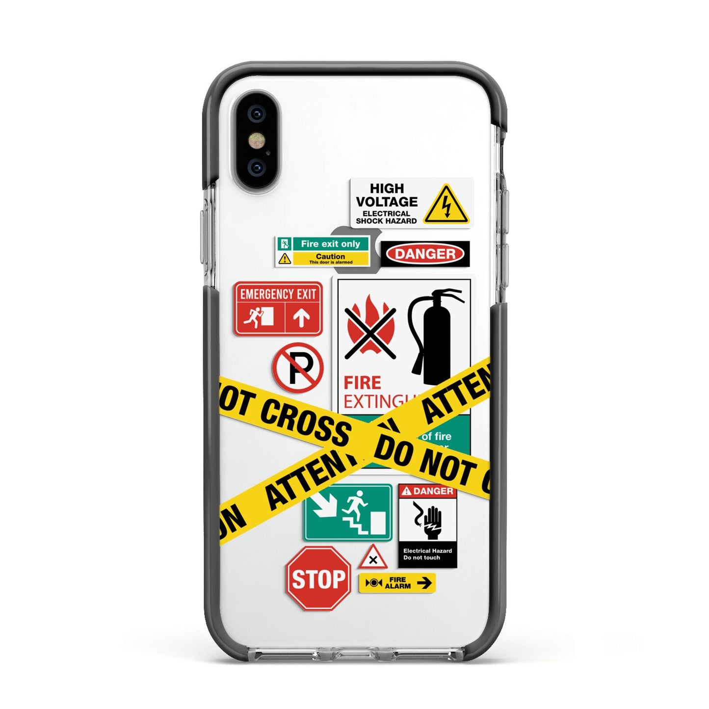 Warning Labels Apple iPhone Xs Impact Case Black Edge on Silver Phone