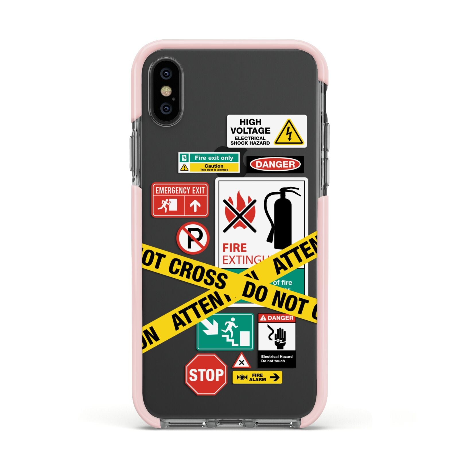 Warning Labels Apple iPhone Xs Impact Case Pink Edge on Black Phone