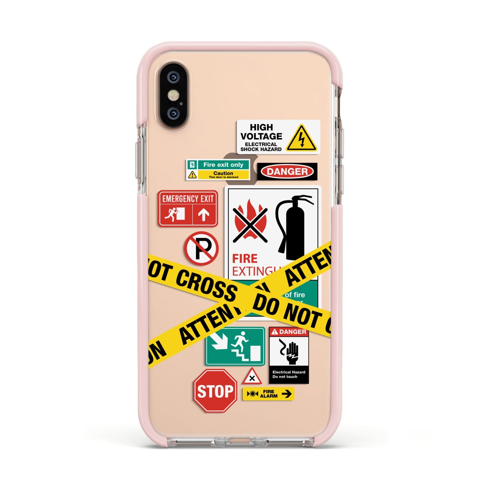 Warning Labels Apple iPhone Xs Impact Case Pink Edge on Gold Phone