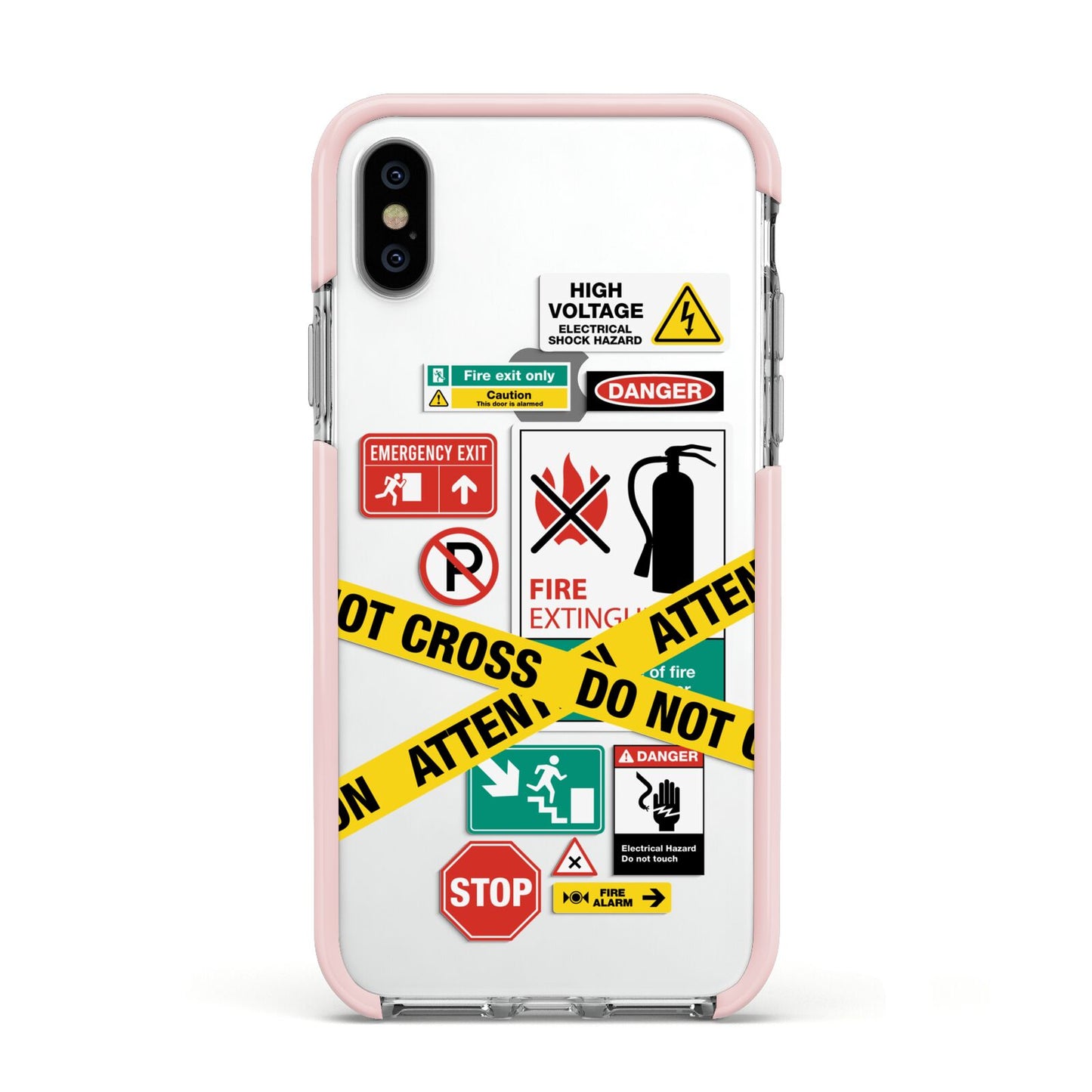 Warning Labels Apple iPhone Xs Impact Case Pink Edge on Silver Phone