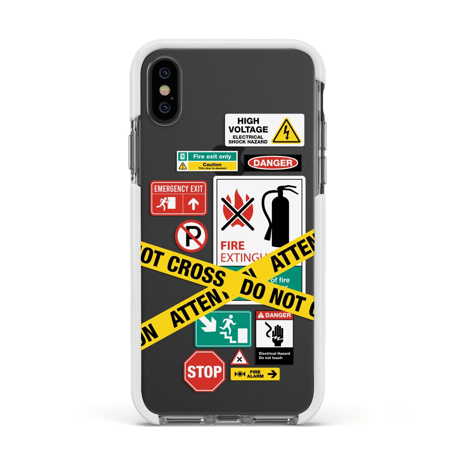 Warning Labels Apple iPhone Xs Impact Case White Edge on Black Phone