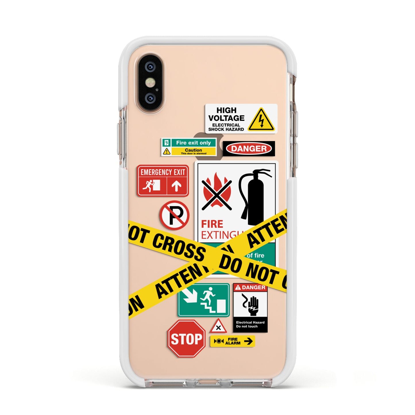 Warning Labels Apple iPhone Xs Impact Case White Edge on Gold Phone