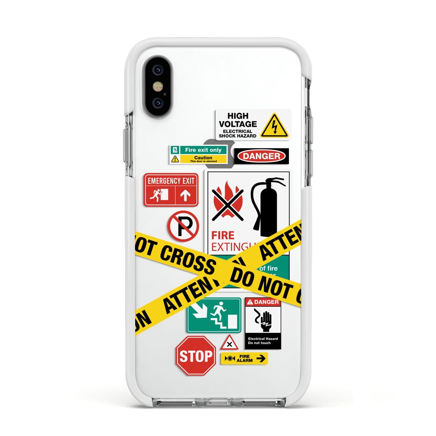 Warning Labels Apple iPhone Xs Impact Case White Edge on Silver Phone