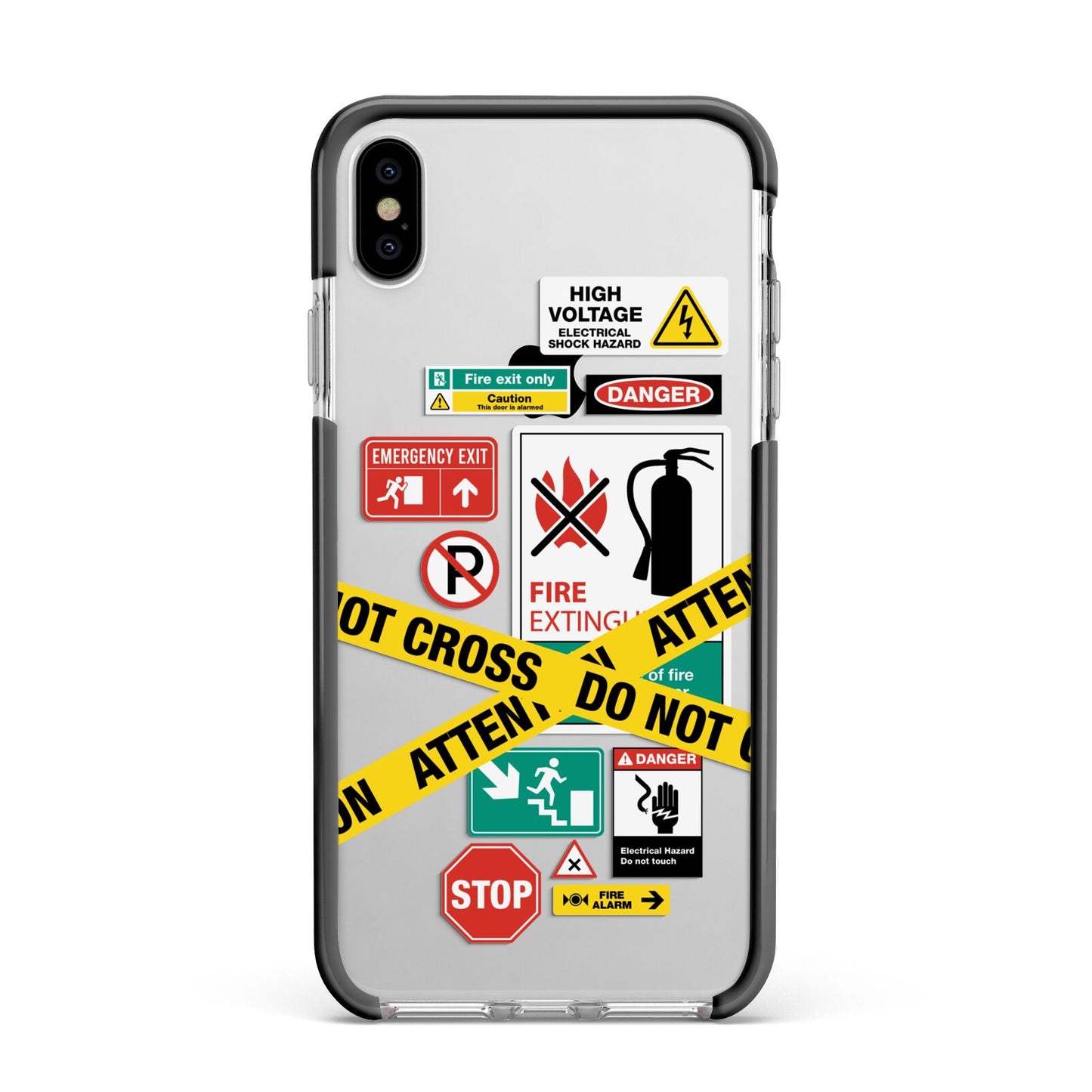 Warning Labels Apple iPhone Xs Max Impact Case Black Edge on Silver Phone