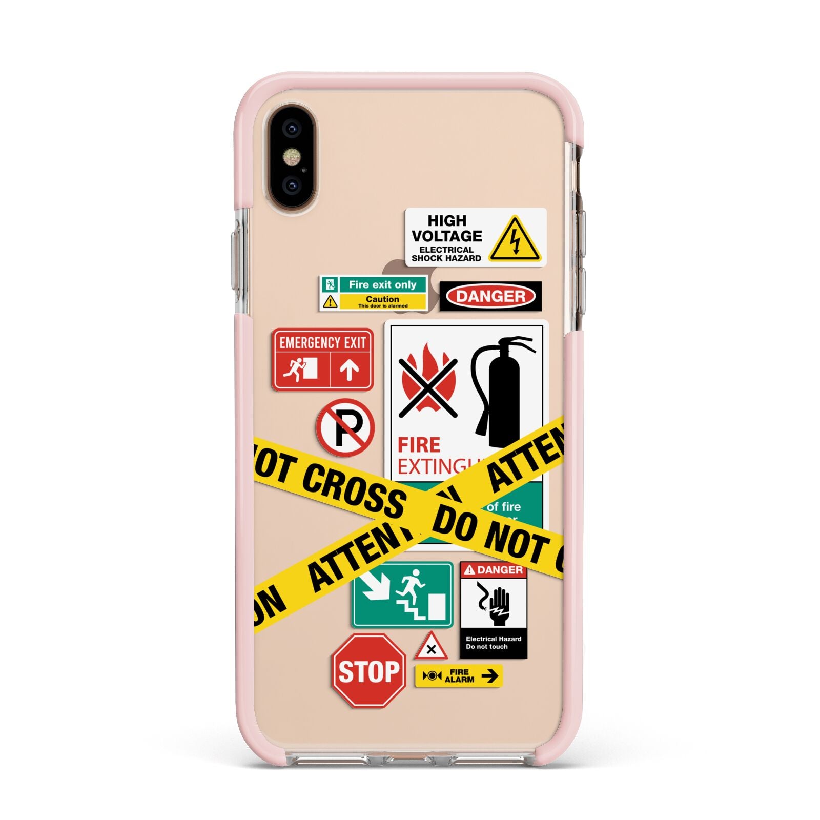 Warning Labels Apple iPhone Xs Max Impact Case Pink Edge on Gold Phone