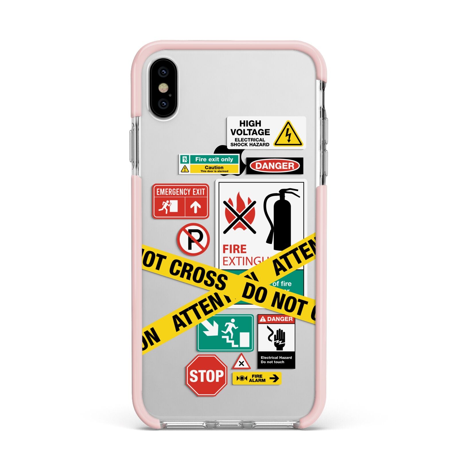 Warning Labels Apple iPhone Xs Max Impact Case Pink Edge on Silver Phone