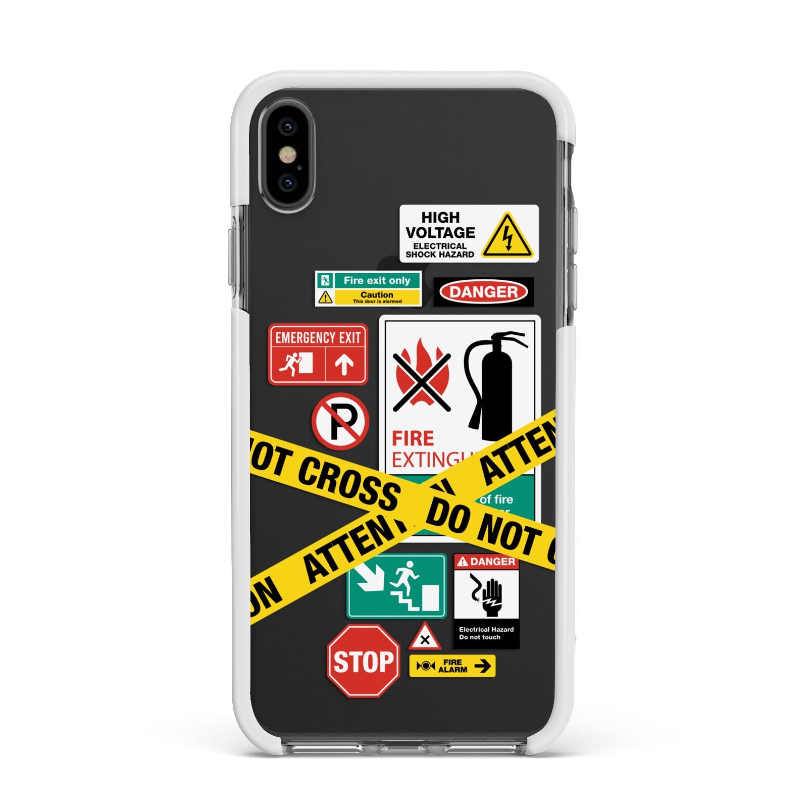 Warning Labels Apple iPhone Xs Max Impact Case White Edge on Black Phone