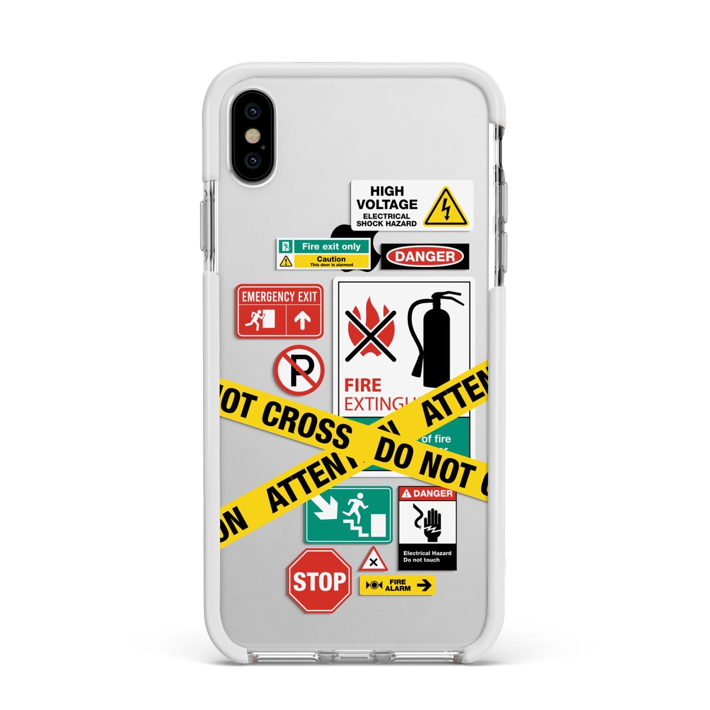 Warning Labels Apple iPhone Xs Max Impact Case White Edge on Silver Phone