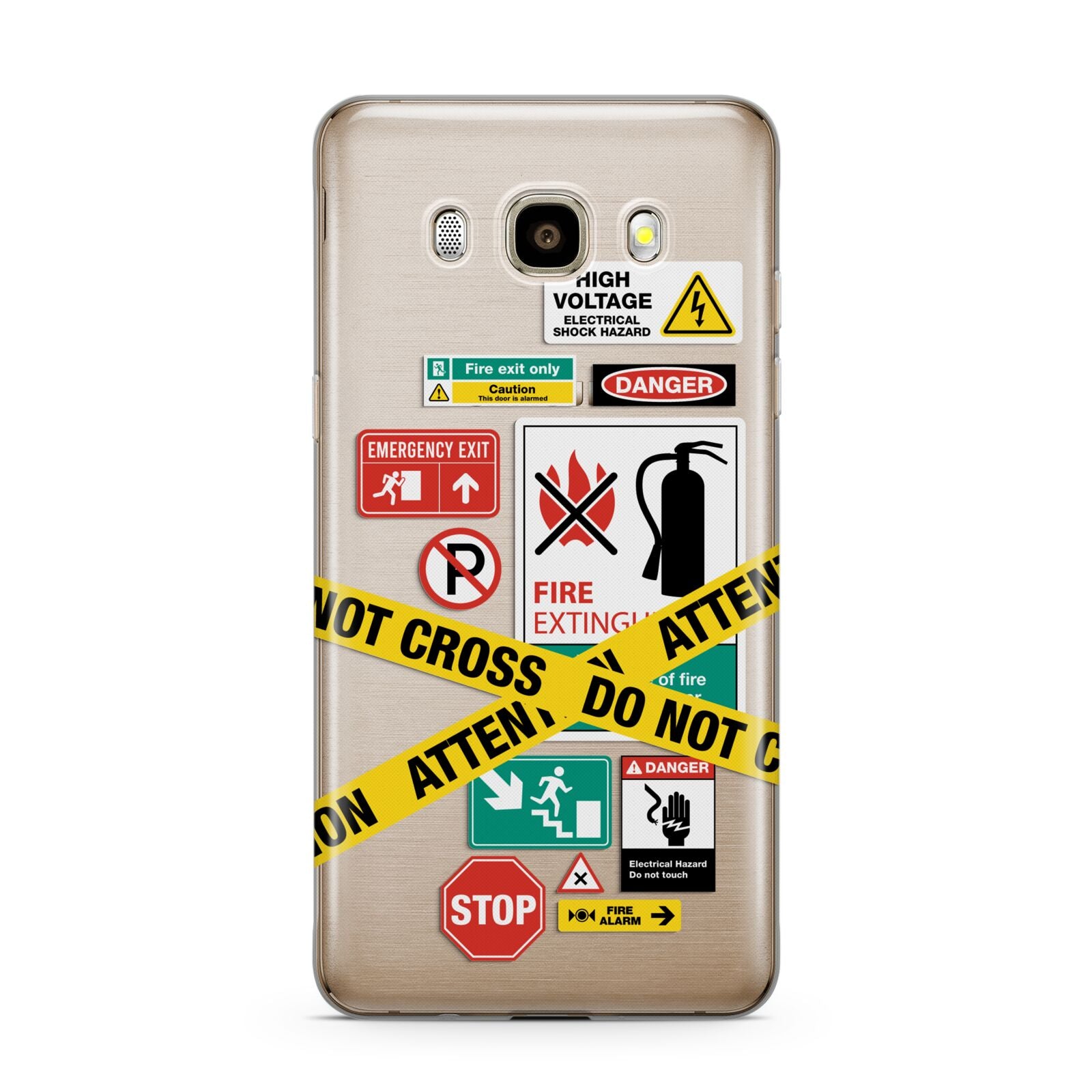 Warning Labels Samsung Galaxy J7 2016 Case on gold phone