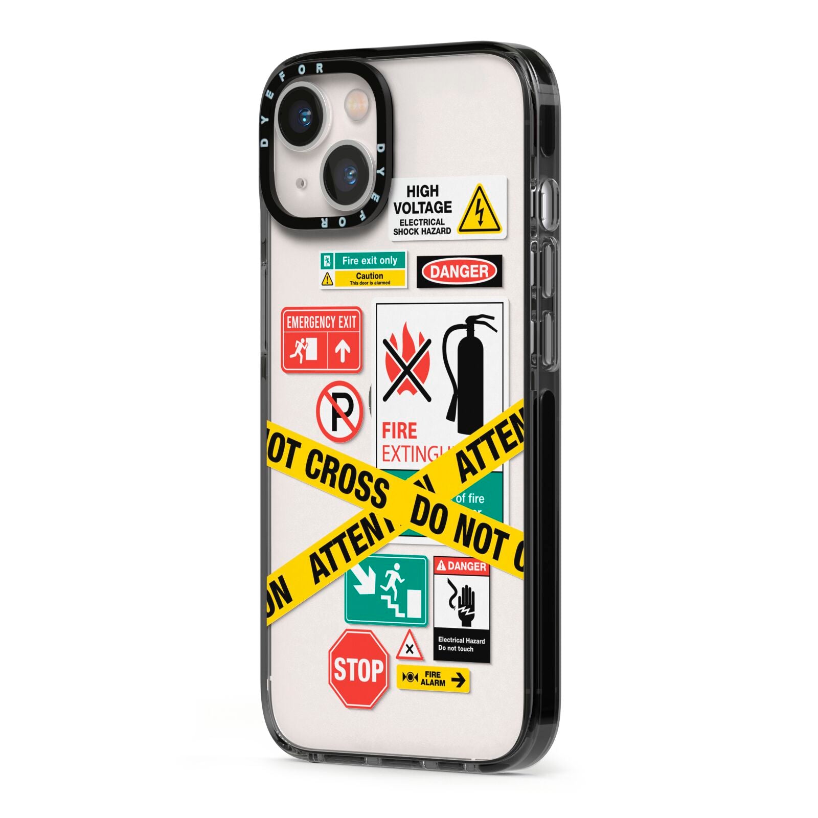 Warning Labels iPhone 13 Black Impact Case Side Angle on Silver phone