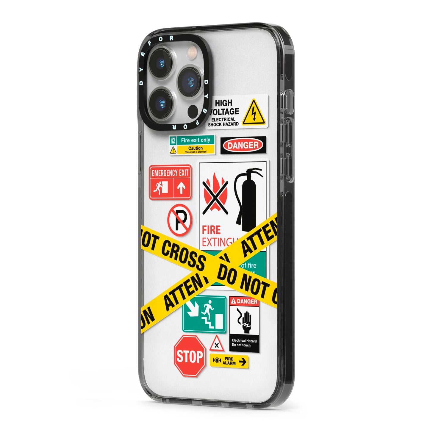 Warning Labels iPhone 13 Pro Max Black Impact Case Side Angle on Silver phone