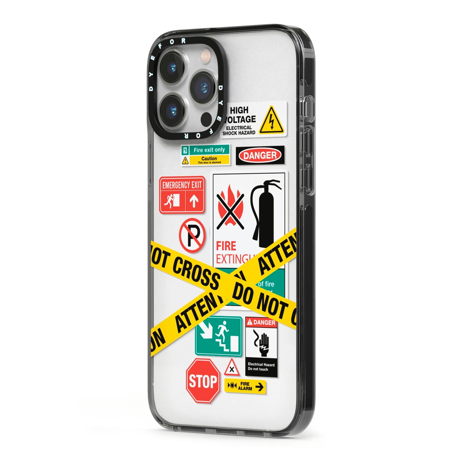 Warning Labels iPhone 13 Pro Max Black Impact Case Side Angle on Silver phone