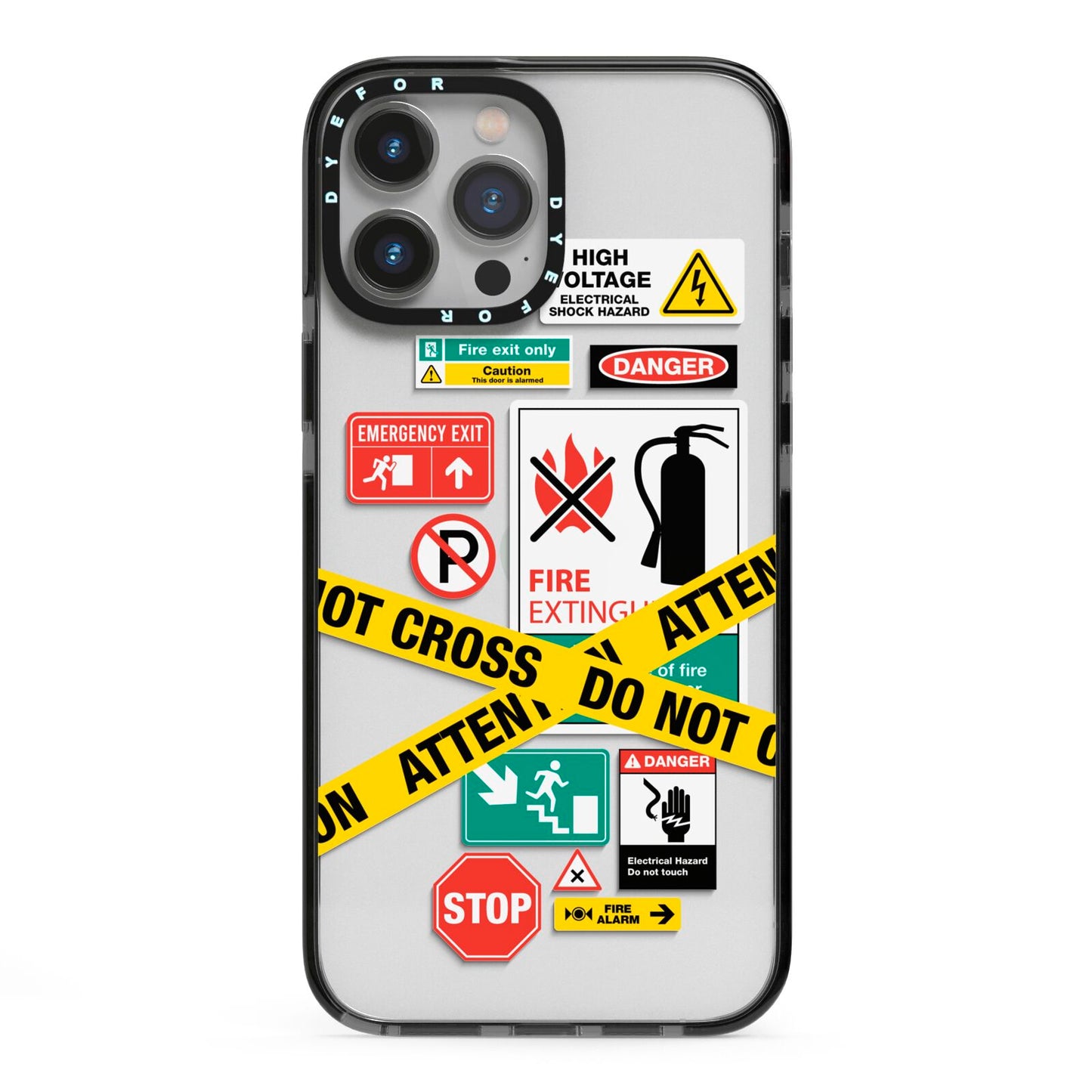 Warning Labels iPhone 13 Pro Max Black Impact Case on Silver phone