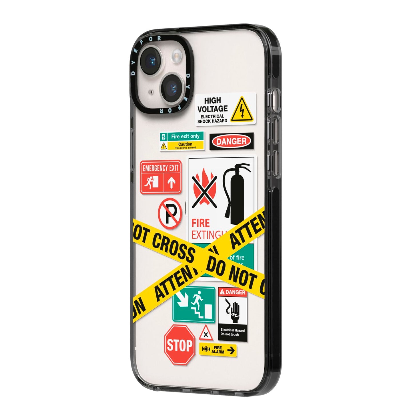 Warning Labels iPhone 14 Plus Black Impact Case Side Angle on Silver phone