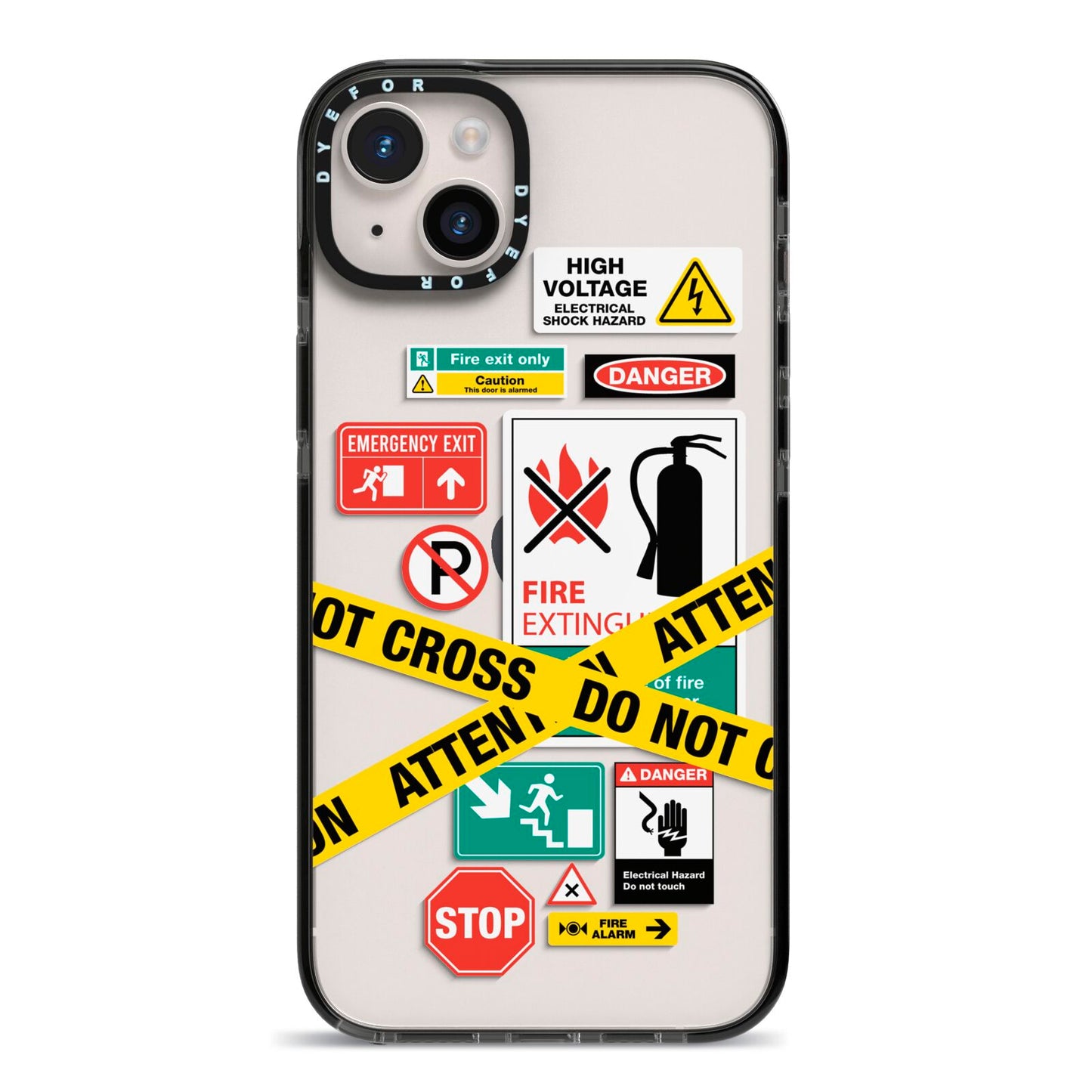 Warning Labels iPhone 14 Plus Black Impact Case on Silver phone