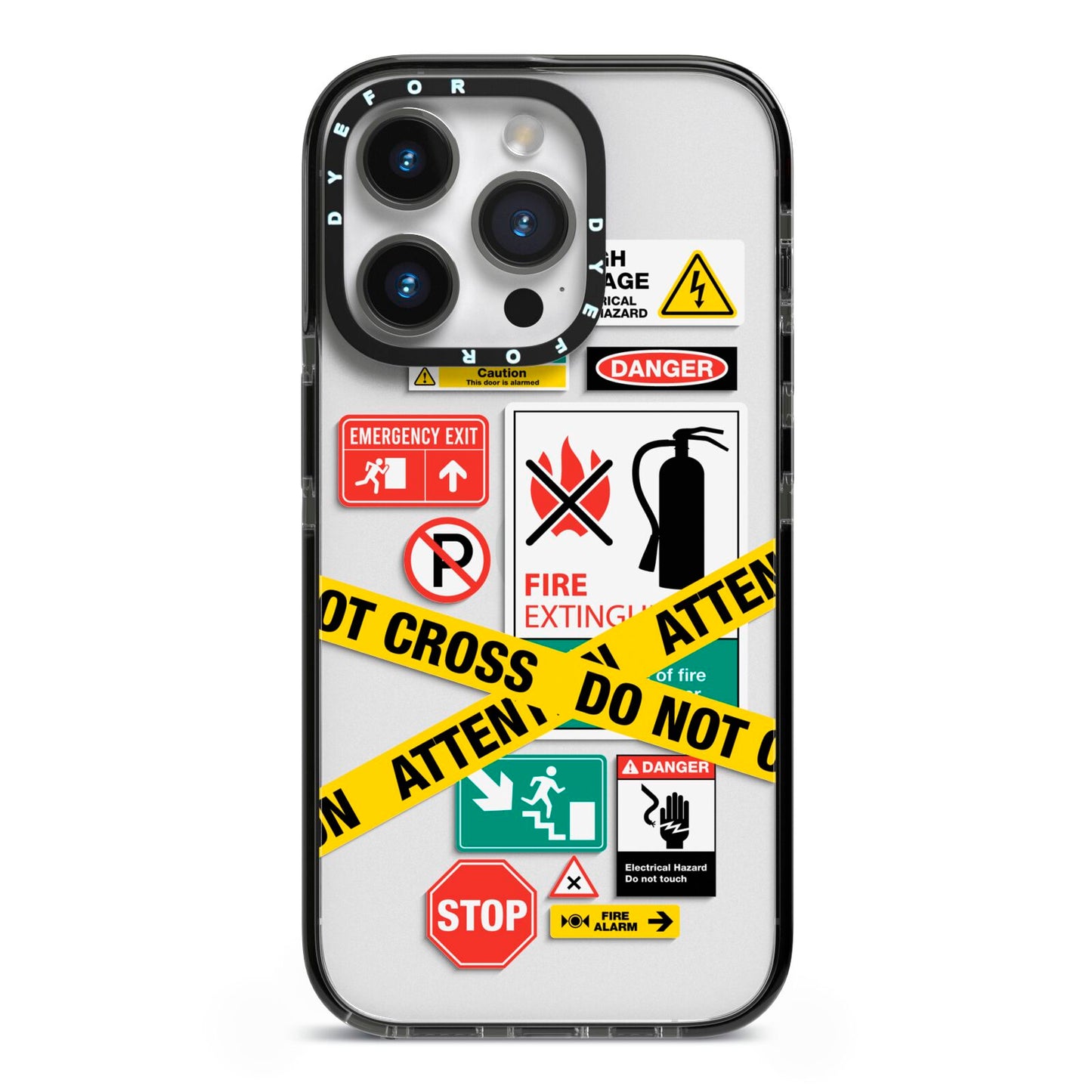 Warning Labels iPhone 14 Pro Black Impact Case on Silver phone