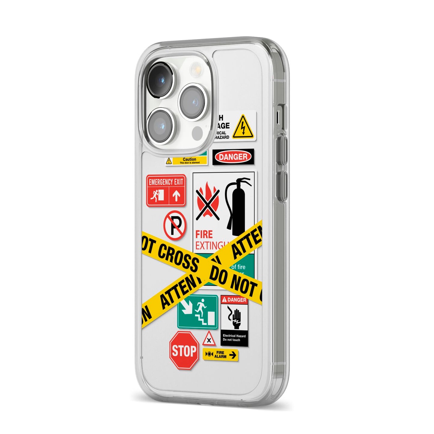 Warning Labels iPhone 14 Pro Clear Tough Case Silver Angled Image