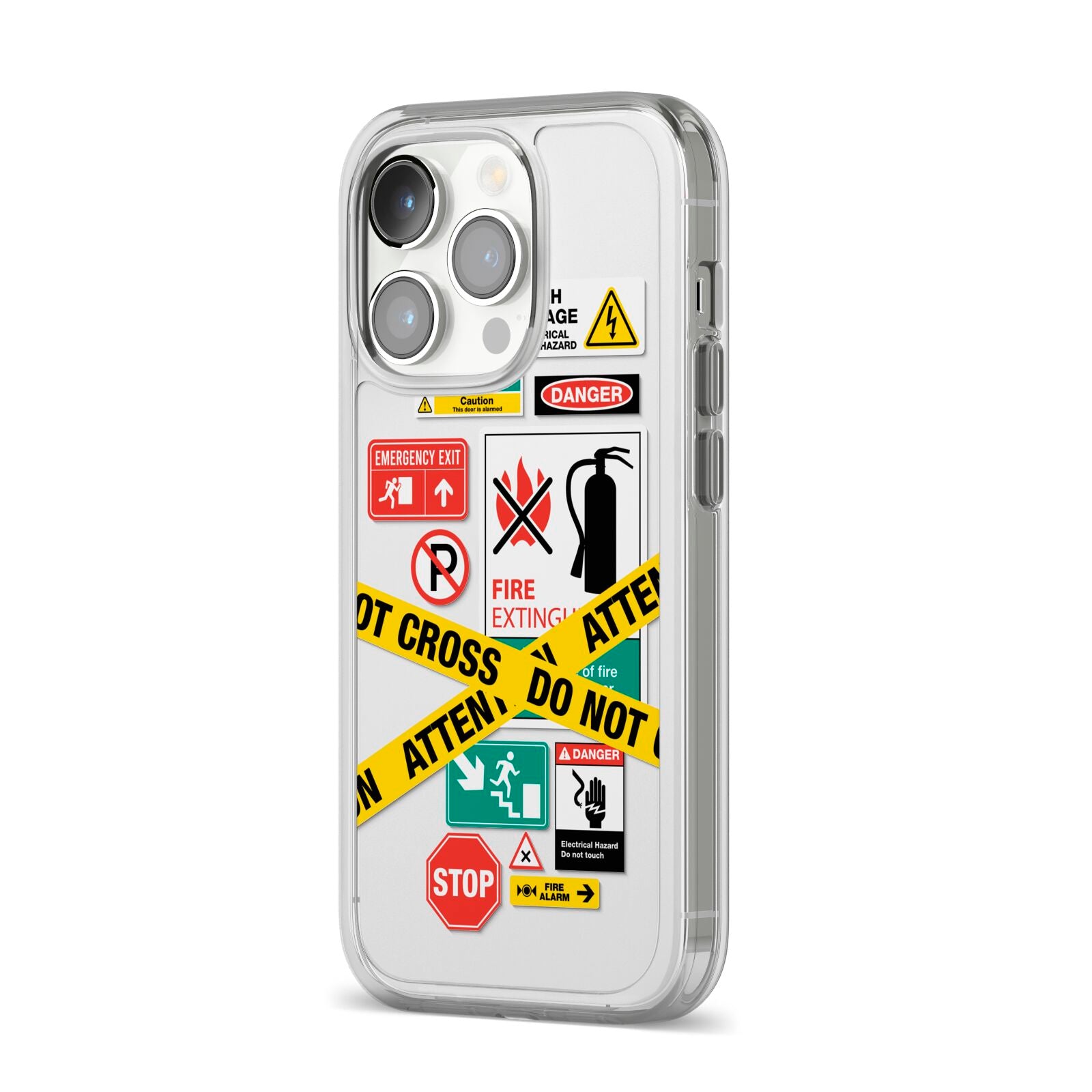 Warning Labels iPhone 14 Pro Clear Tough Case Silver Angled Image