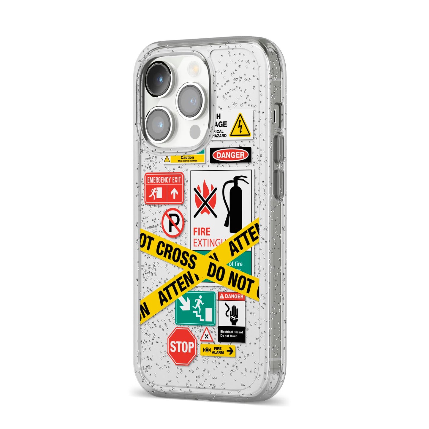 Warning Labels iPhone 14 Pro Glitter Tough Case Silver Angled Image