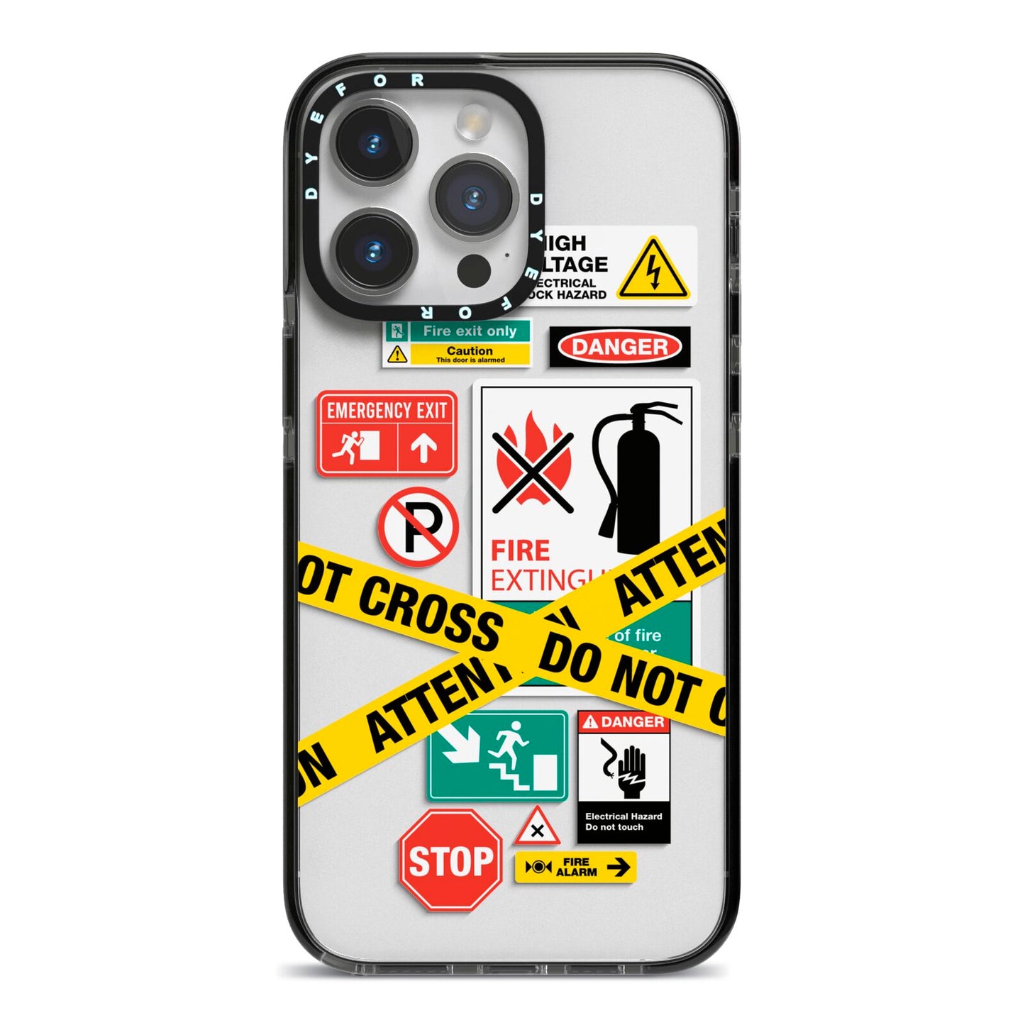 Warning Labels iPhone 14 Pro Max Black Impact Case on Silver phone