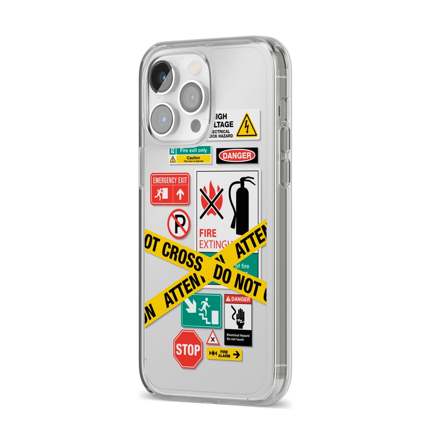 Warning Labels iPhone 14 Pro Max Clear Tough Case Silver Angled Image