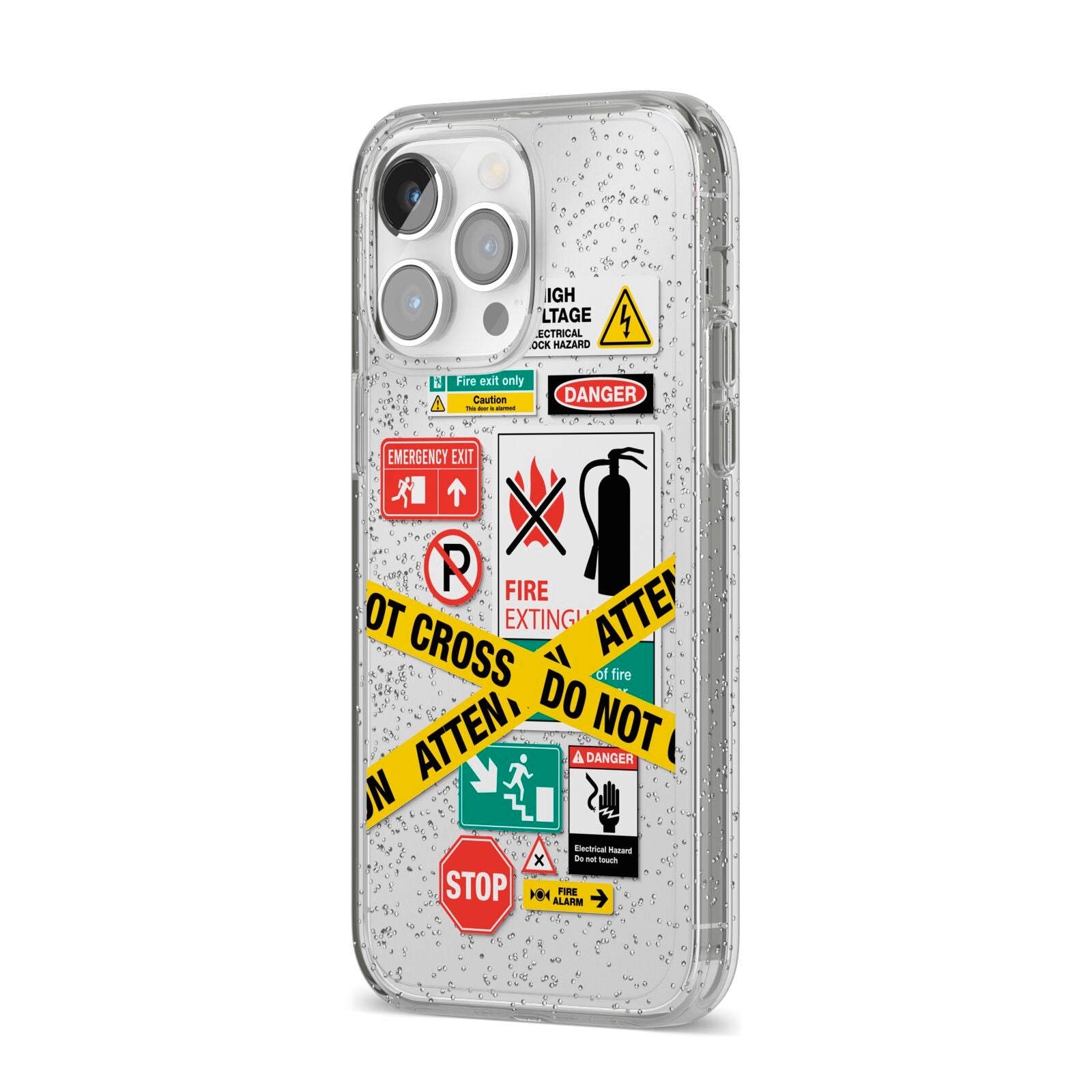 Warning Labels iPhone 14 Pro Max Glitter Tough Case Silver Angled Image