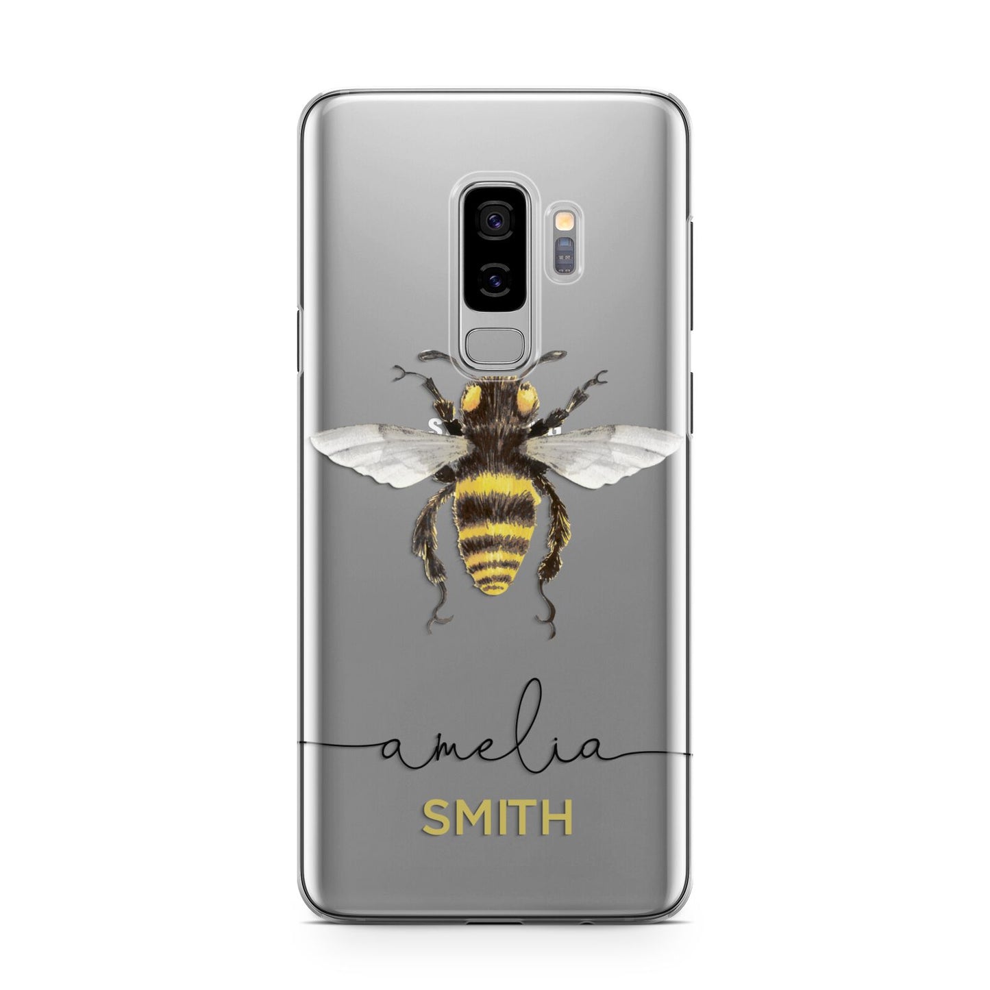 Watercolour Bee Personalised Name Samsung Galaxy S9 Plus Case on Silver phone