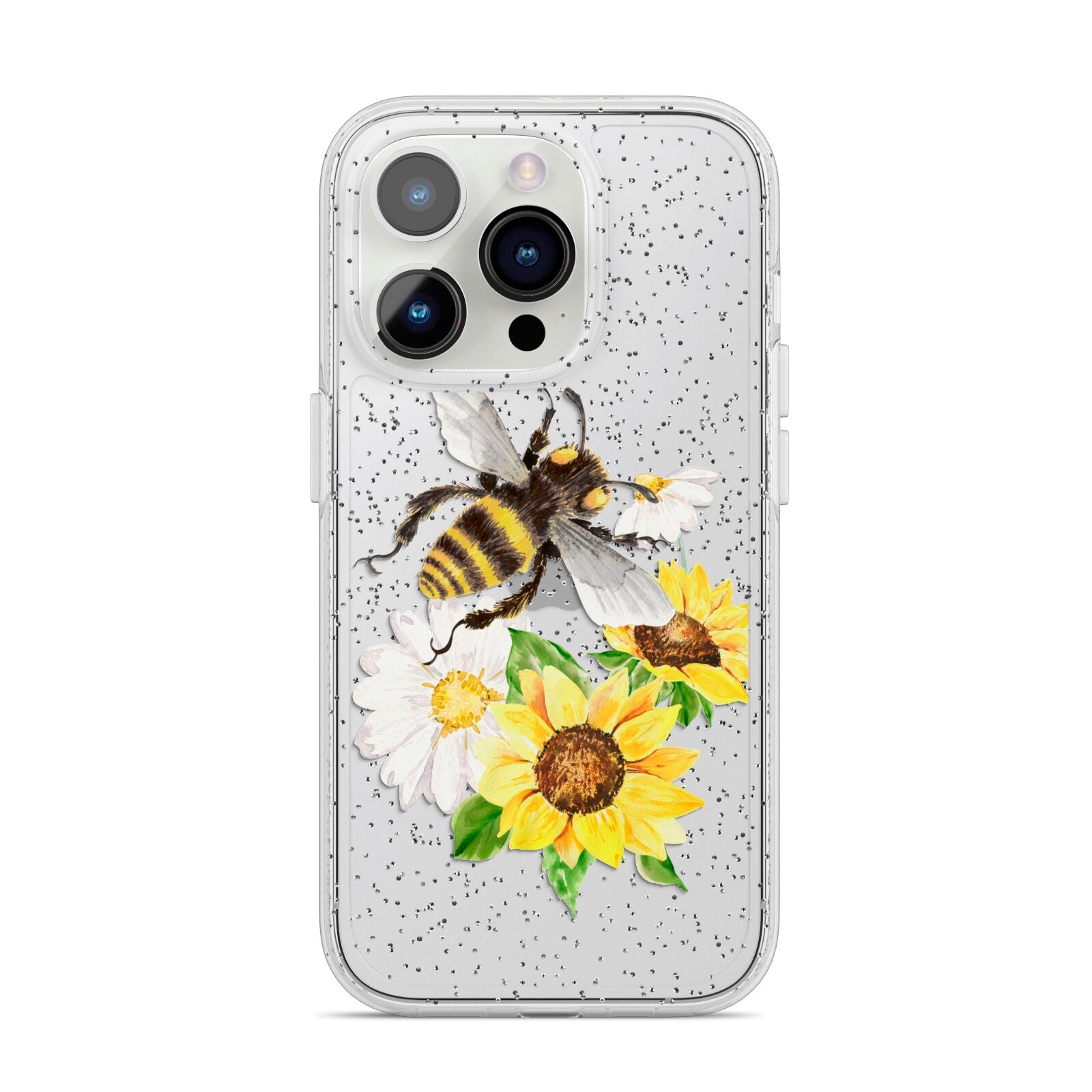 Watercolour Bee and Sunflowers iPhone 14 Pro Glitter Tough Case Silver