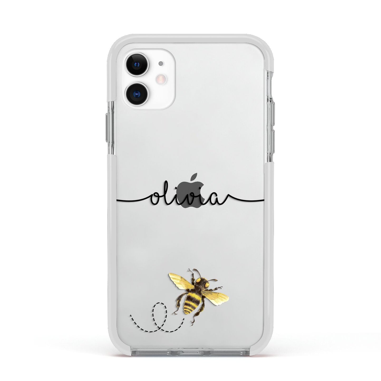 Watercolour Bee with Name Apple iPhone 11 in White with White Impact Case