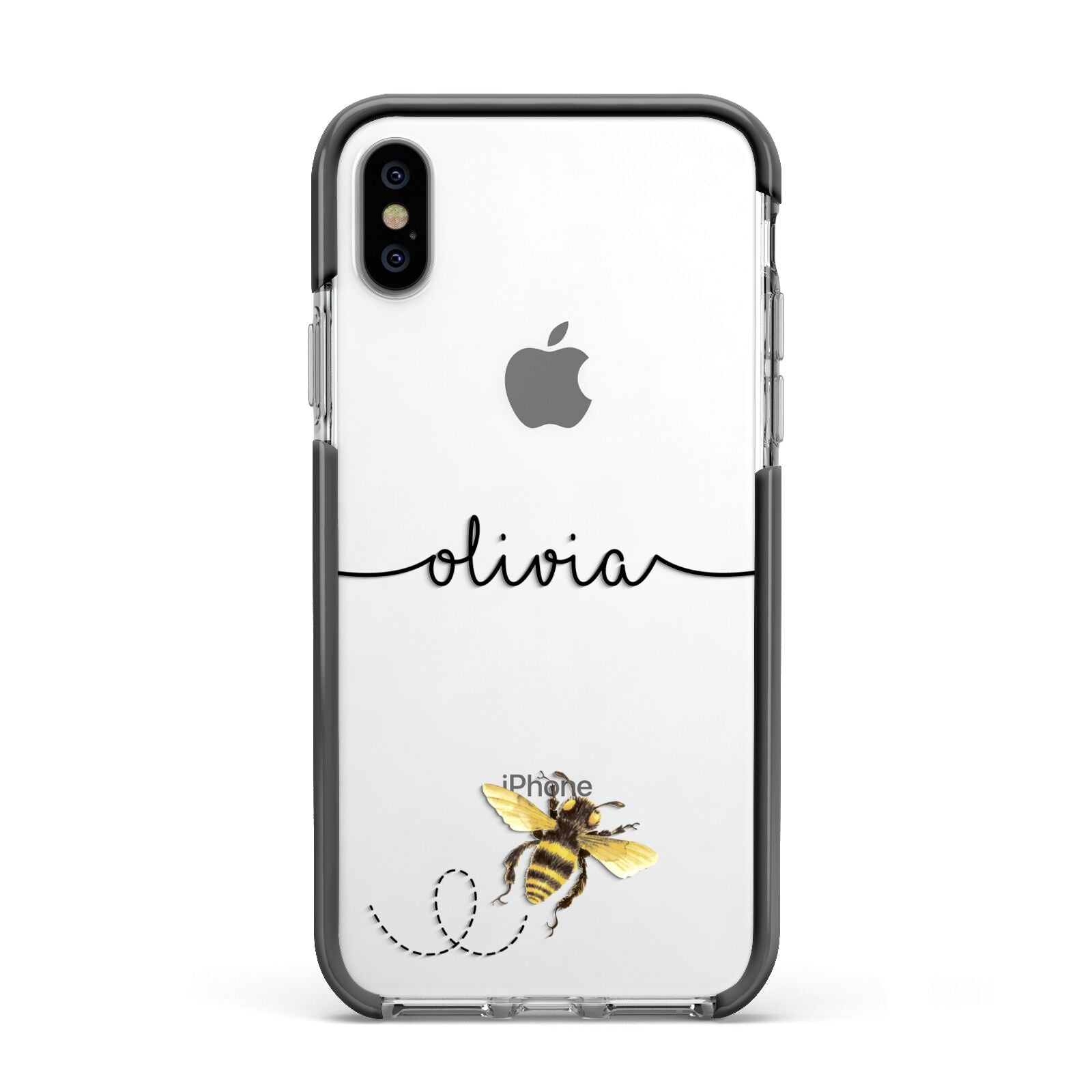 Watercolour Bee with Name Apple iPhone Xs Impact Case Black Edge on Silver Phone
