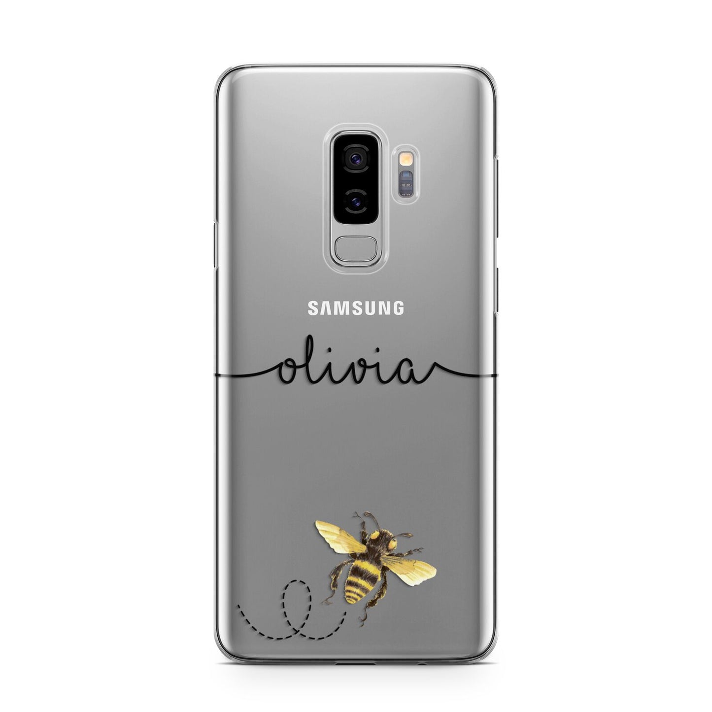 Watercolour Bee with Name Samsung Galaxy S9 Plus Case on Silver phone