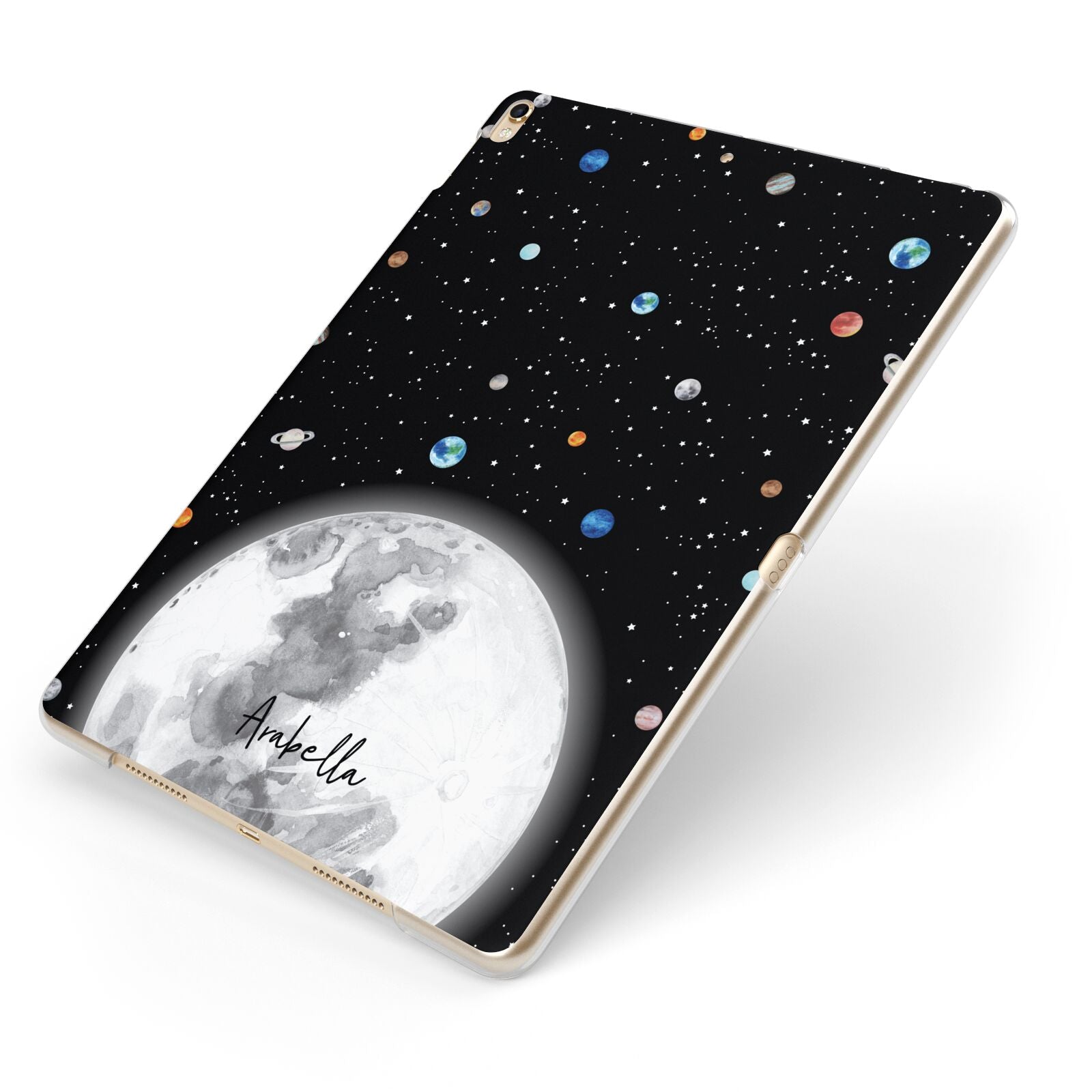 Watercolour Close up Moon with Name Apple iPad Case on Gold iPad Side View