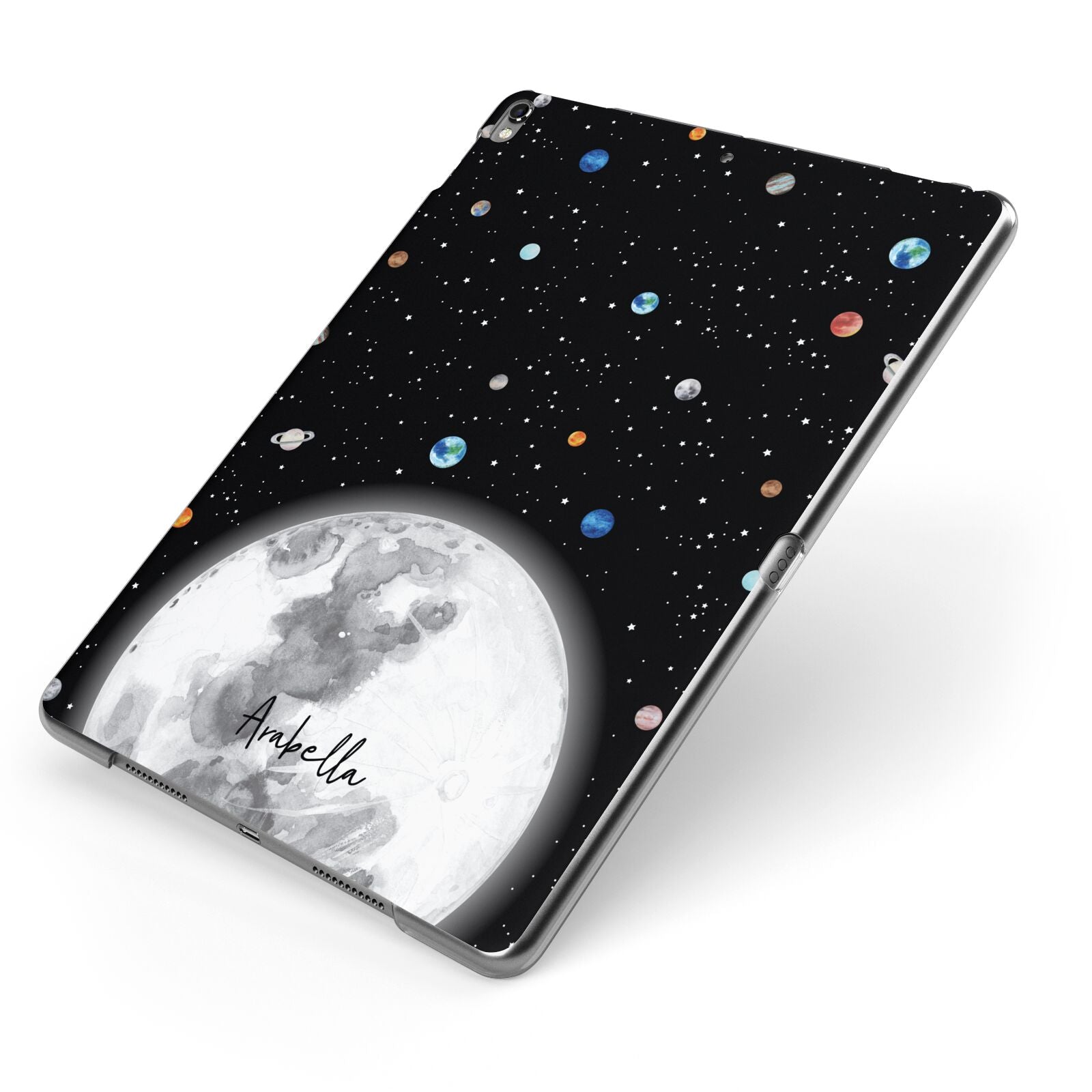 Watercolour Close up Moon with Name Apple iPad Case on Grey iPad Side View