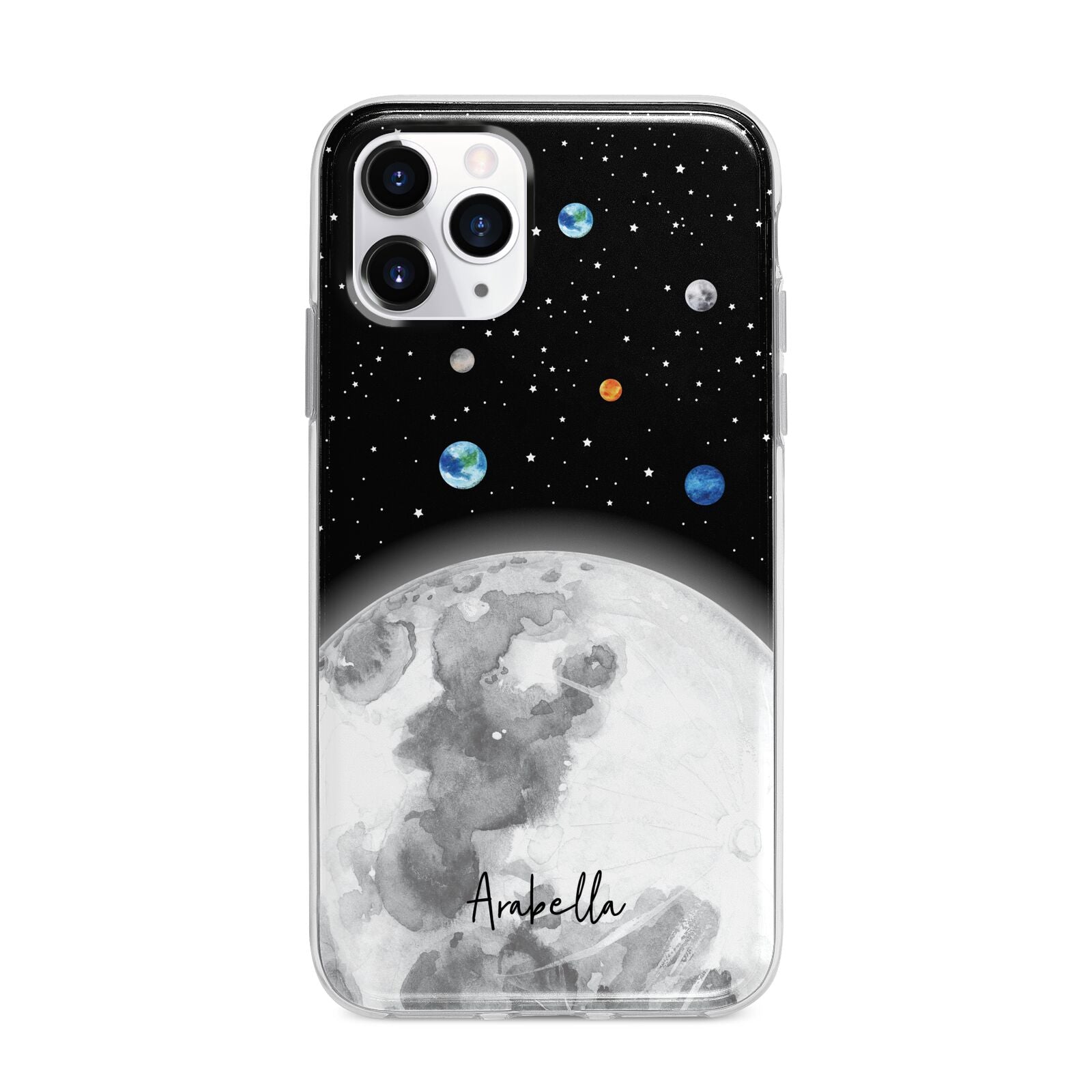 Watercolour Close up Moon with Name Apple iPhone 11 Pro in Silver with Bumper Case