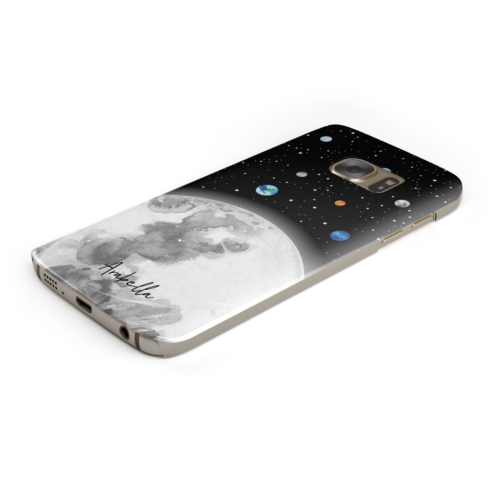 Watercolour Close up Moon with Name Protective Samsung Galaxy Case Angled Image