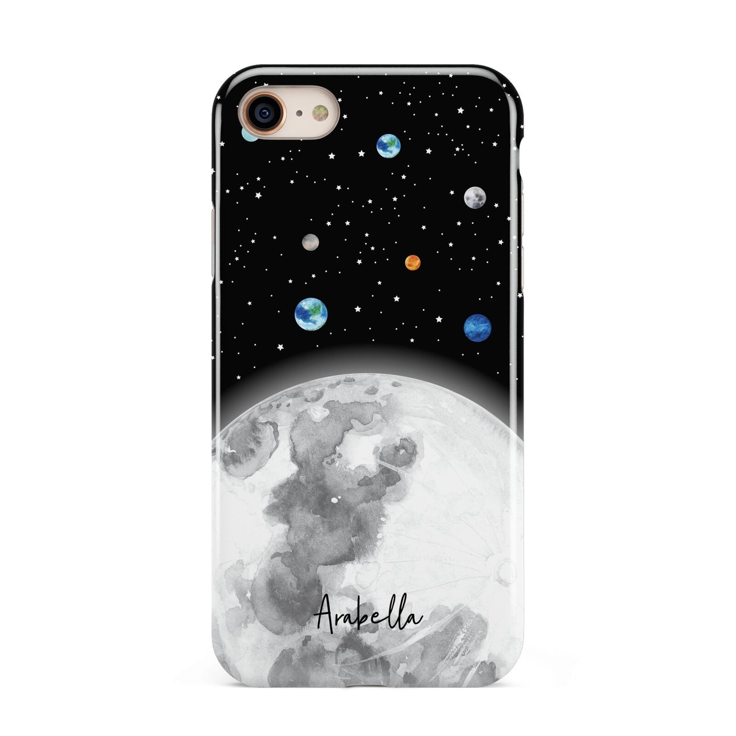 Watercolour Close up Moon with Name iPhone 8 3D Tough Case on Gold Phone